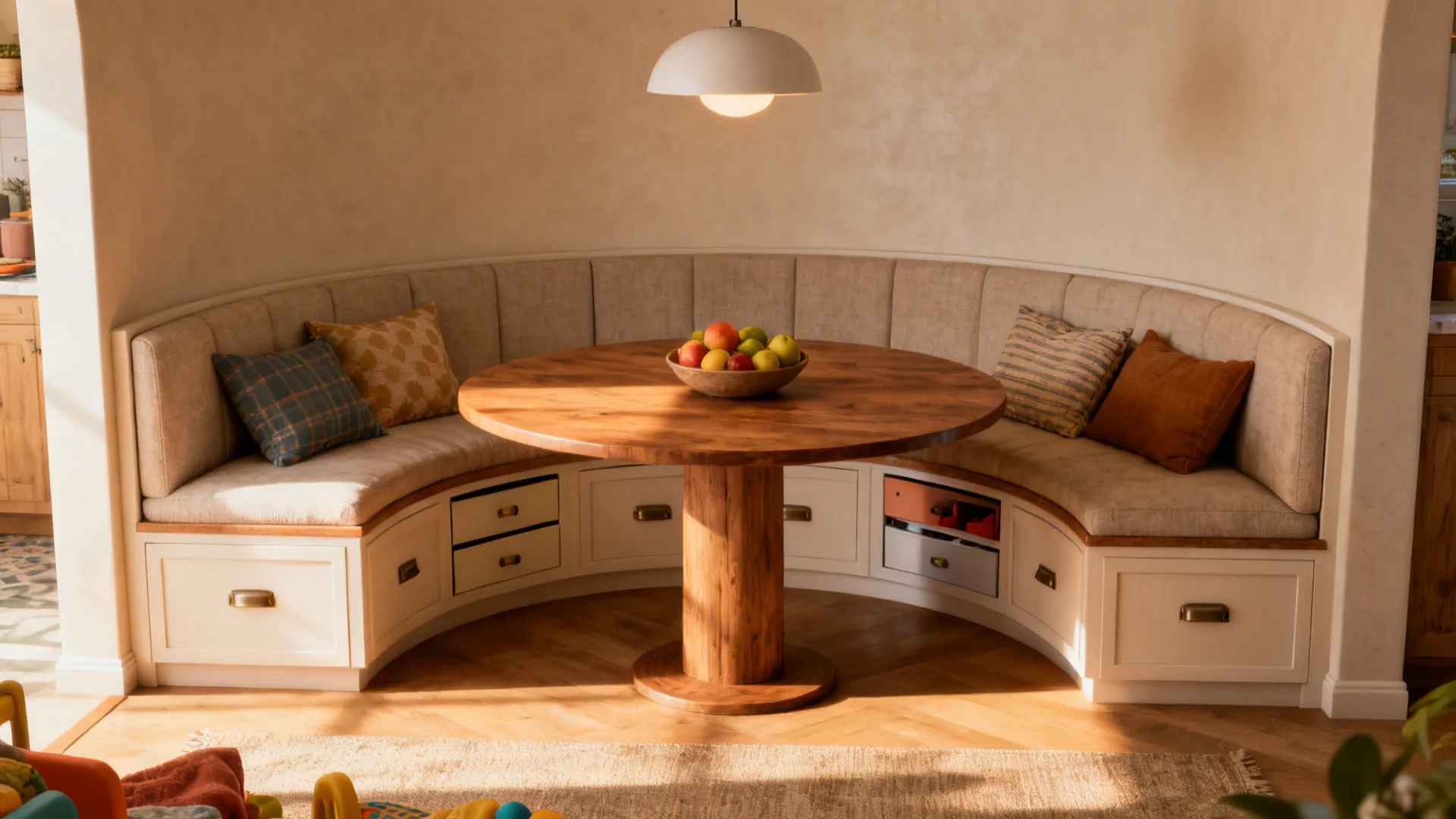 Semicircular built-in banquette with storage and a round wooden table under a pendant light