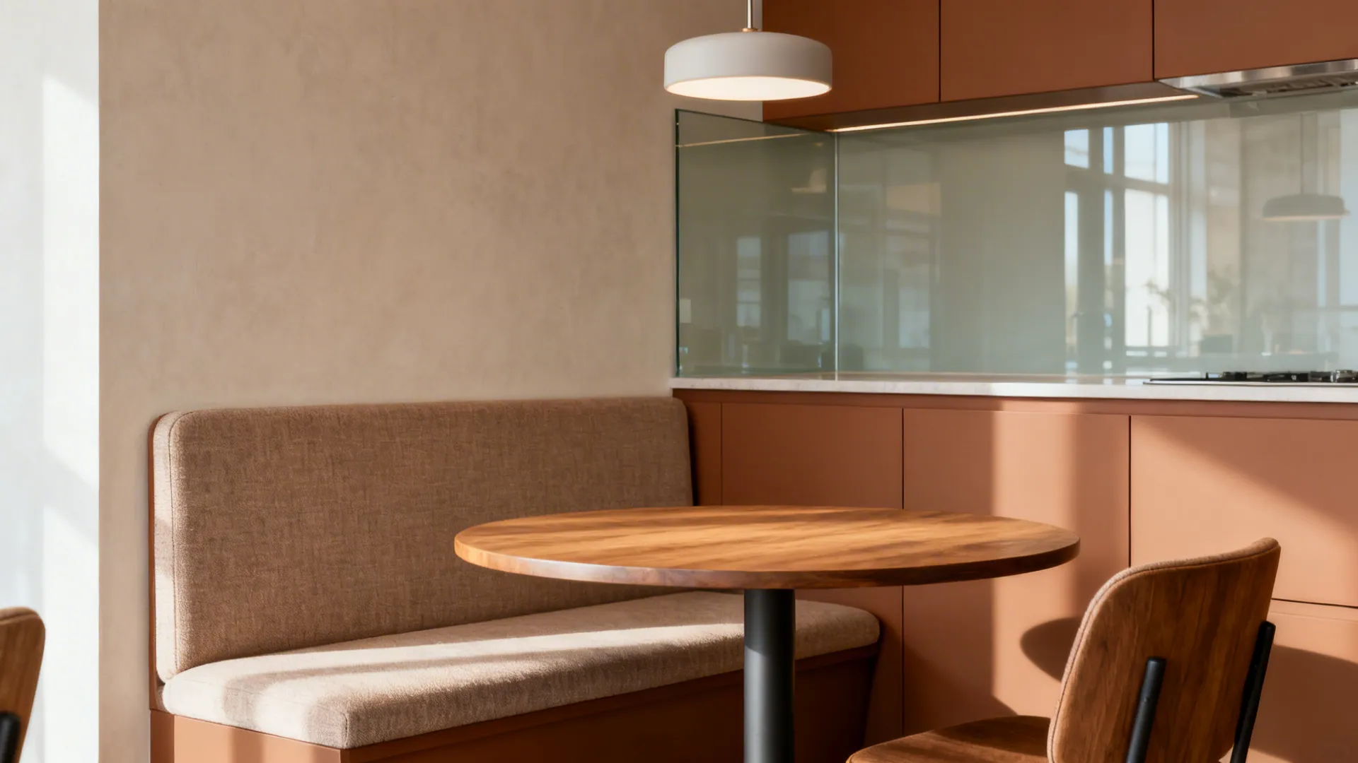 Small kitchen diner banquette with a 90–110 cm round pedestal table and a compact pendant above.