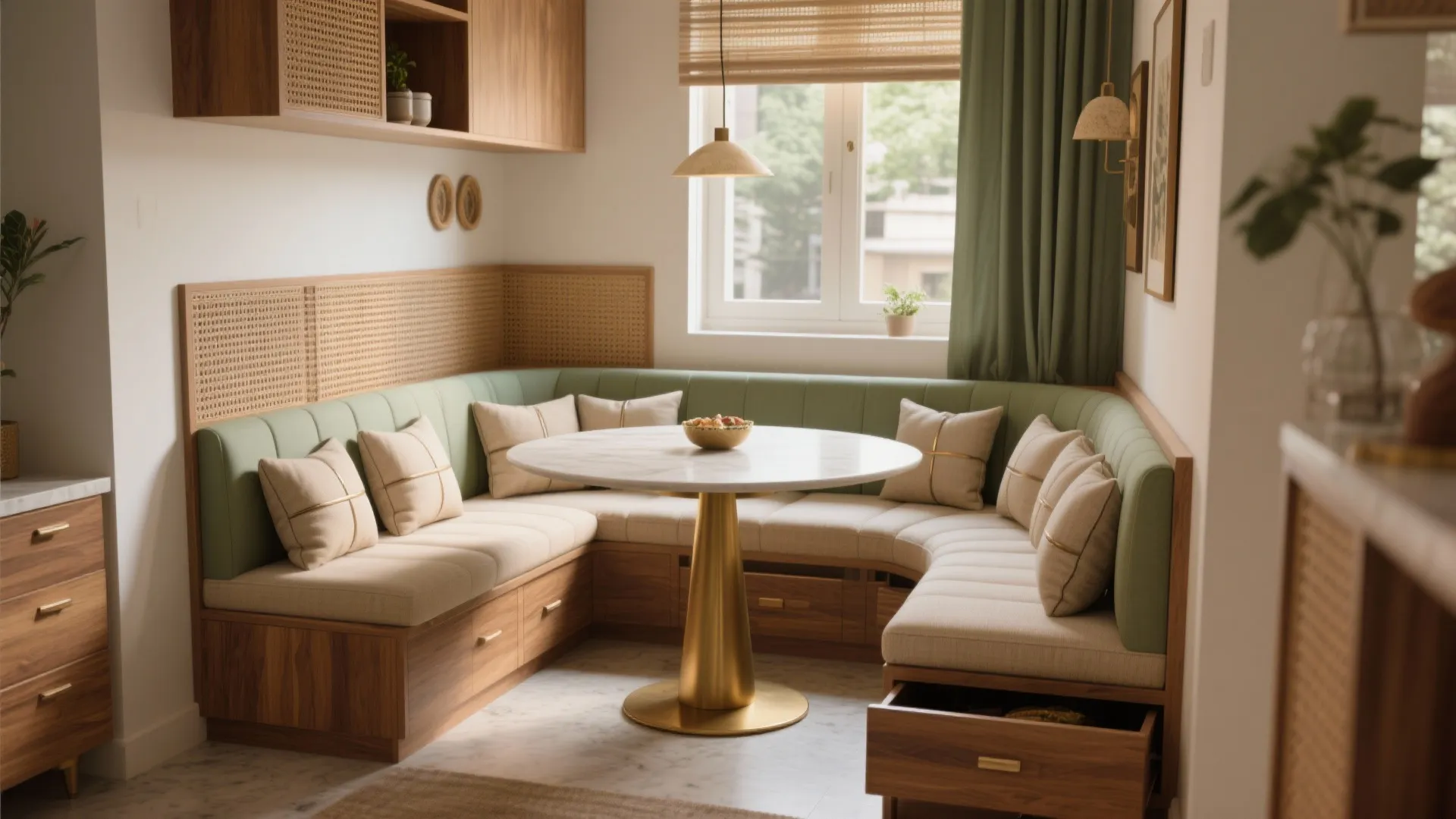 Minimalist storage with banquette seating