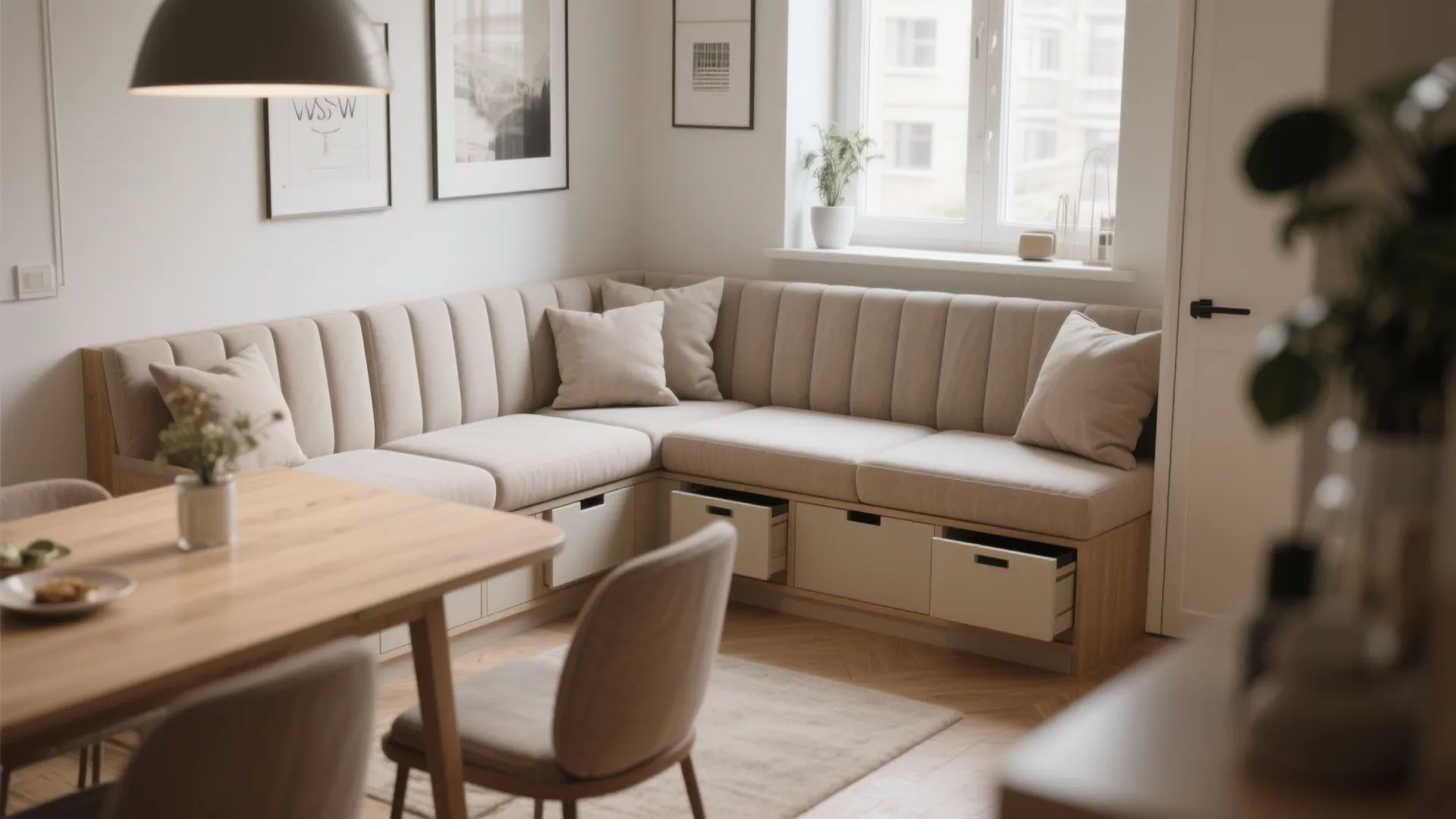 Custom built-in banquette with storage in a small dining room