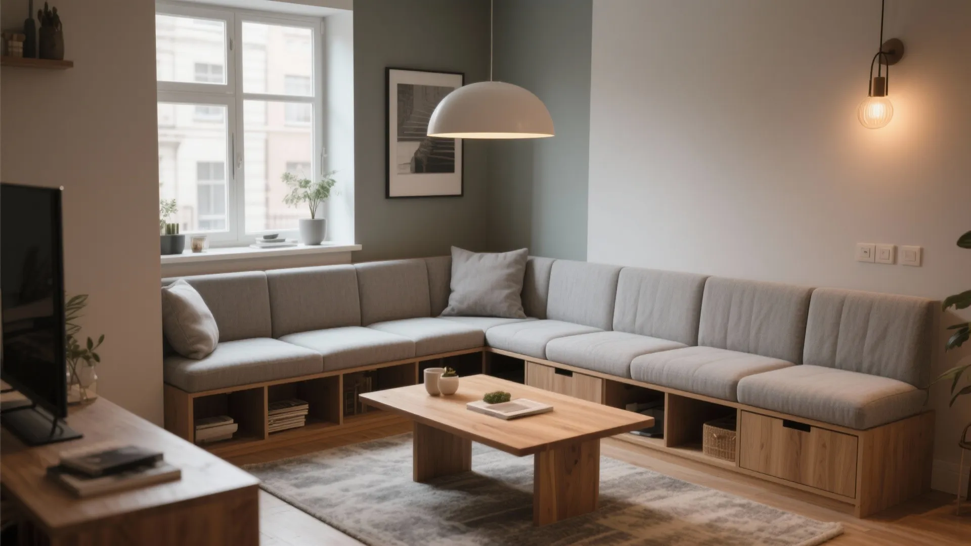 Modern grey corner sofa with storage base in a living room with wooden coffee table