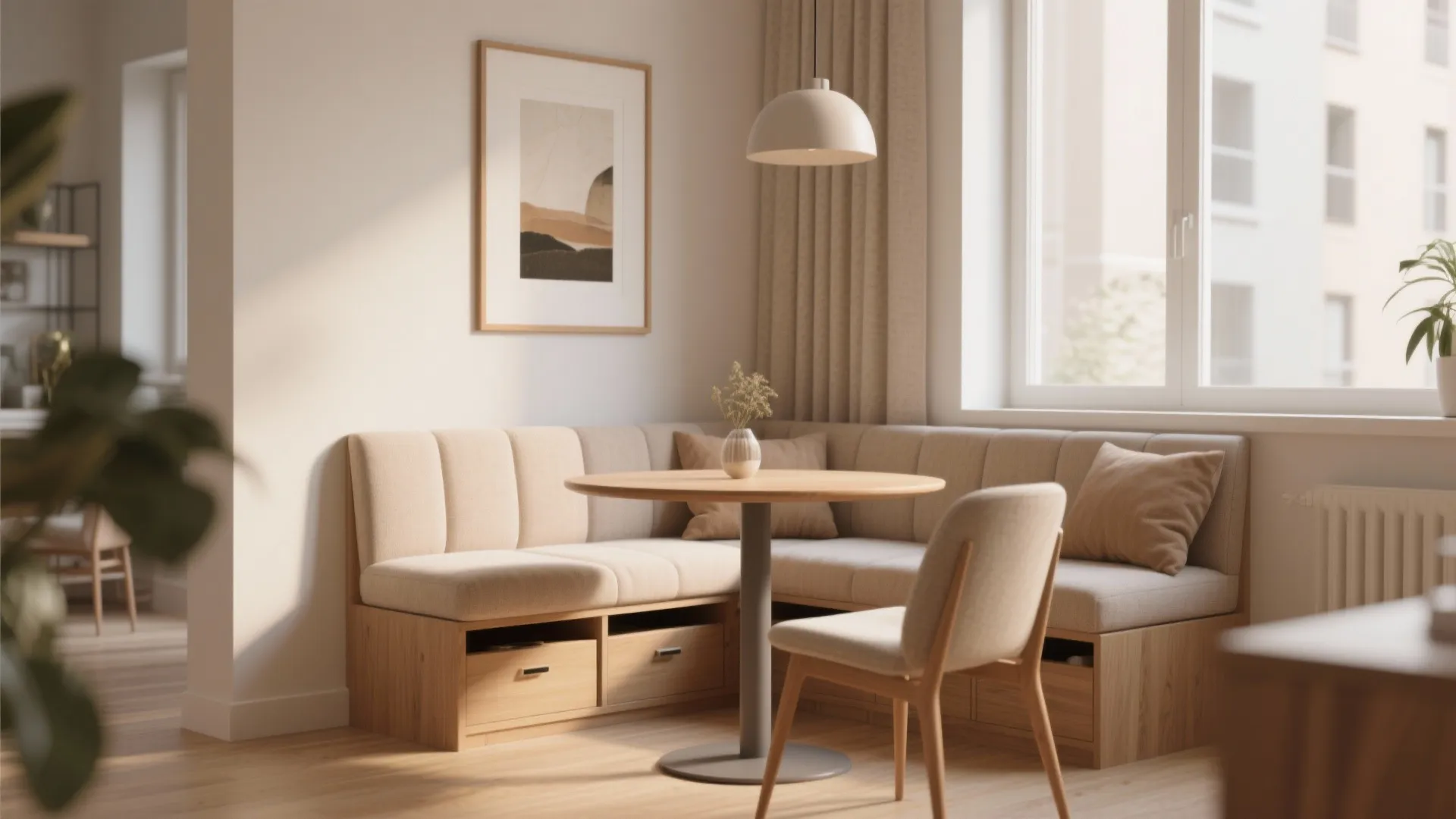 Modern corner dining nook with soft bench seating and storage drawers under a wooden table