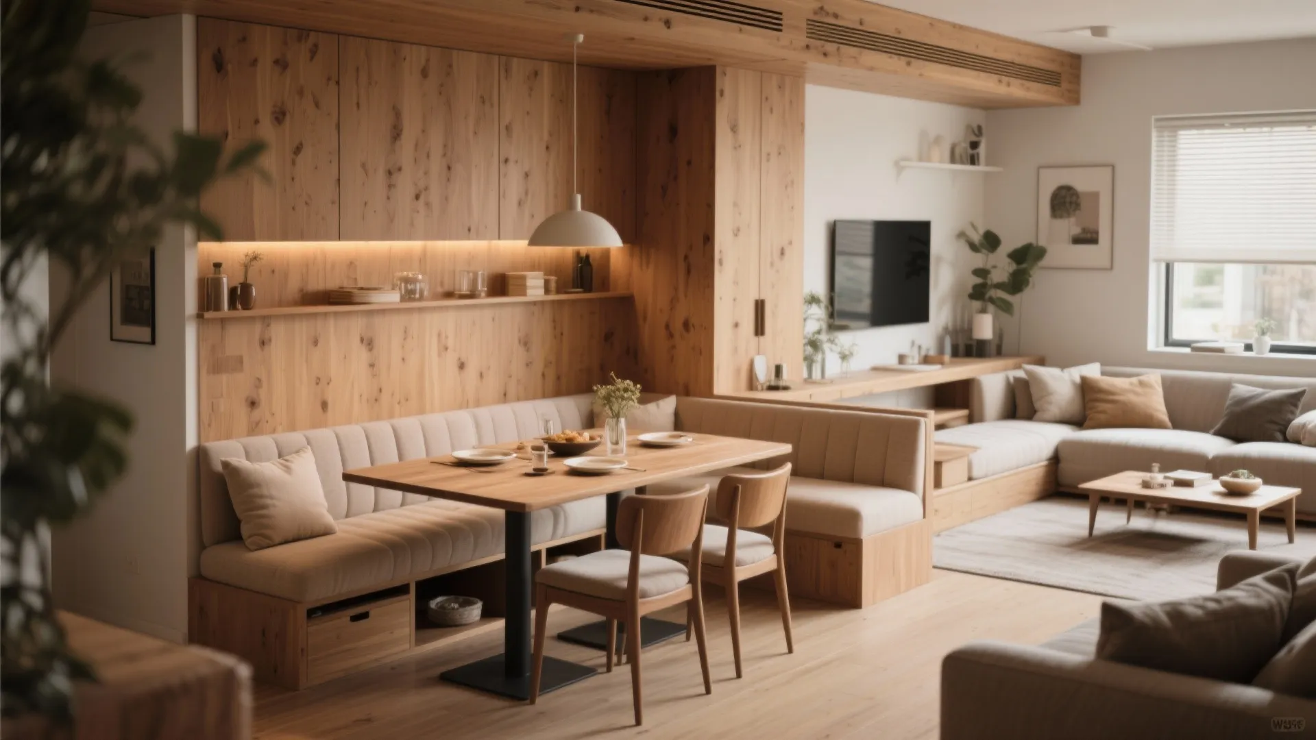 Cozy dining nook with wooden wall panel bench seating wooden table and matching chairs design