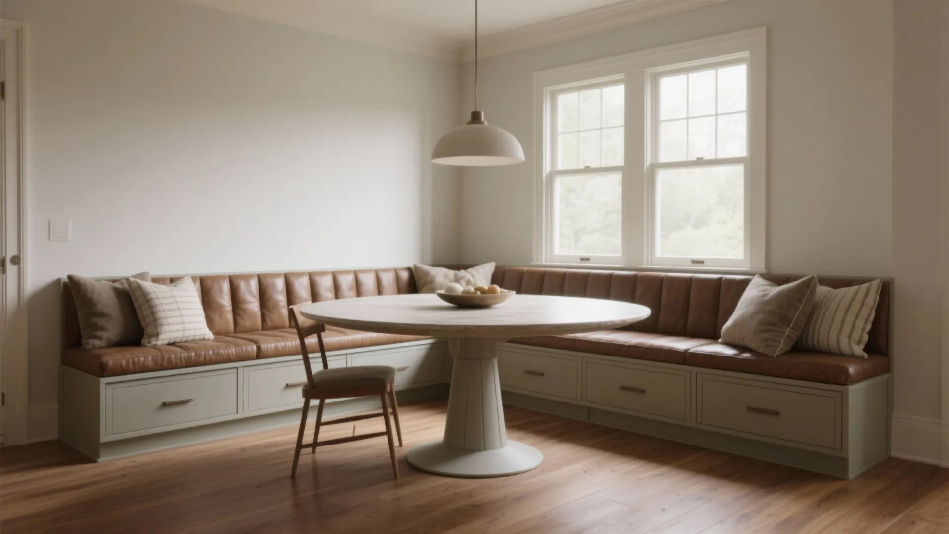 Dining area with brown leather bench seating around a round table and a ceiling light