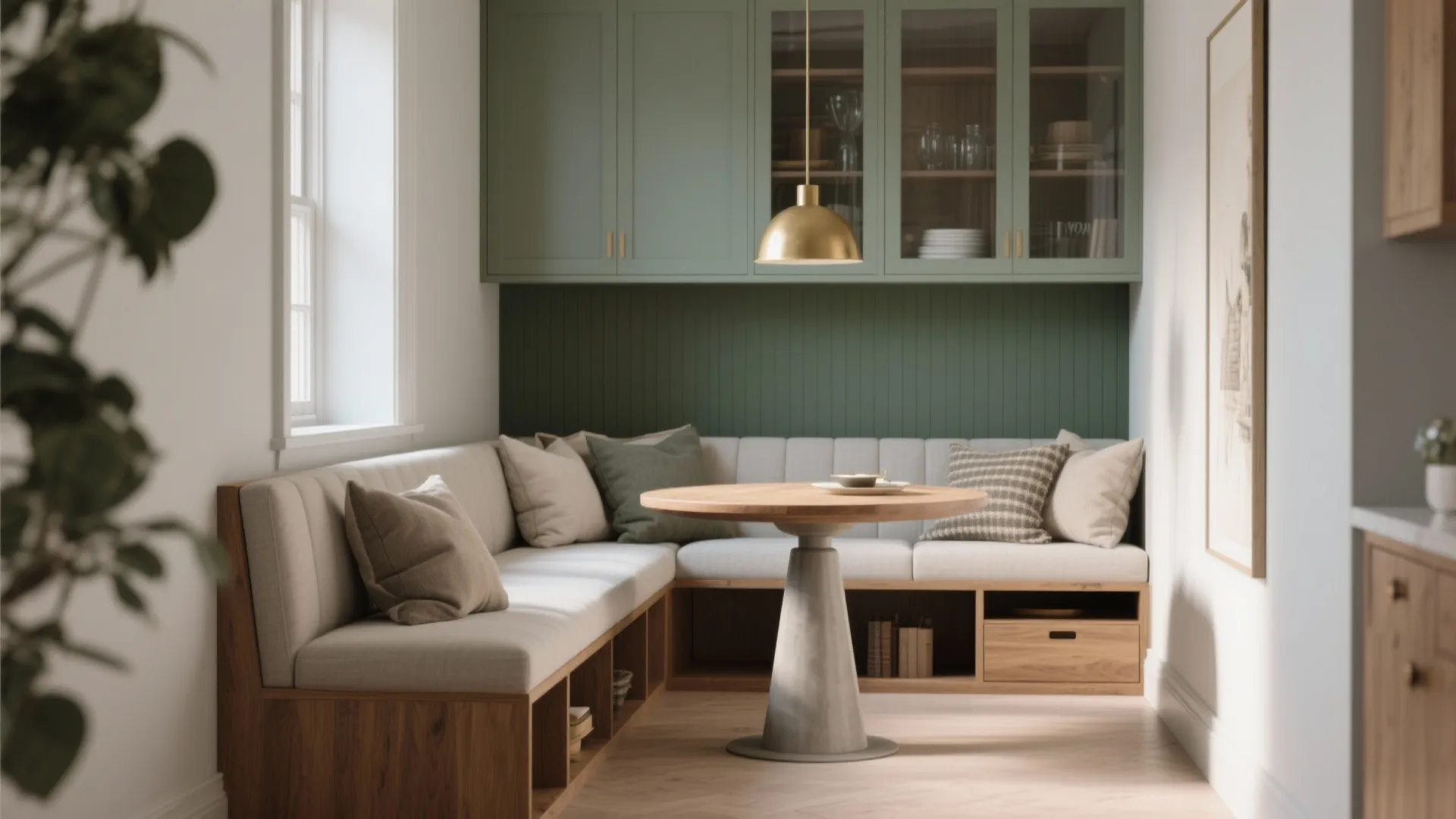 Dining area with corner bench seating green cabinets round wooden table and a gold light