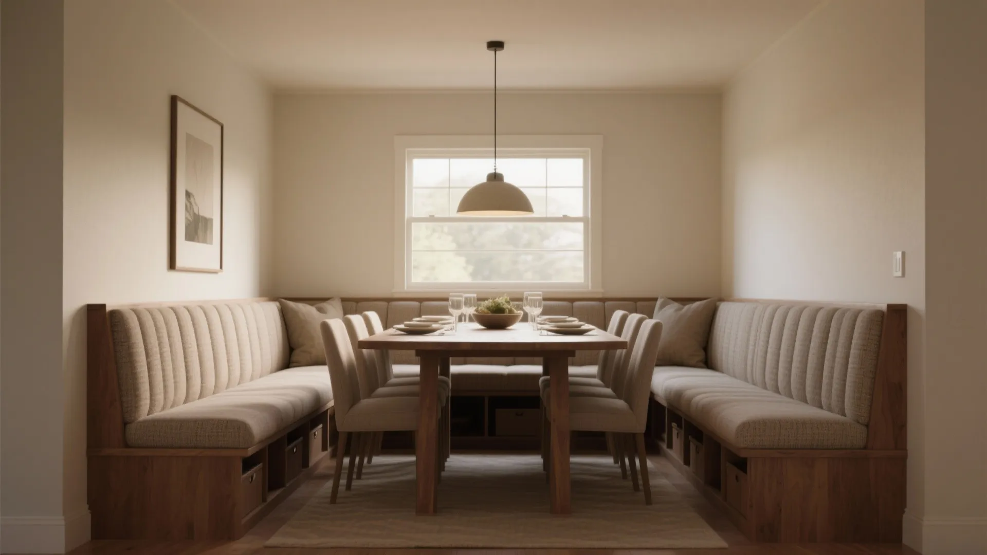 Cozy dining room featuring a wooden table with cushioned bench seating and a ceiling light