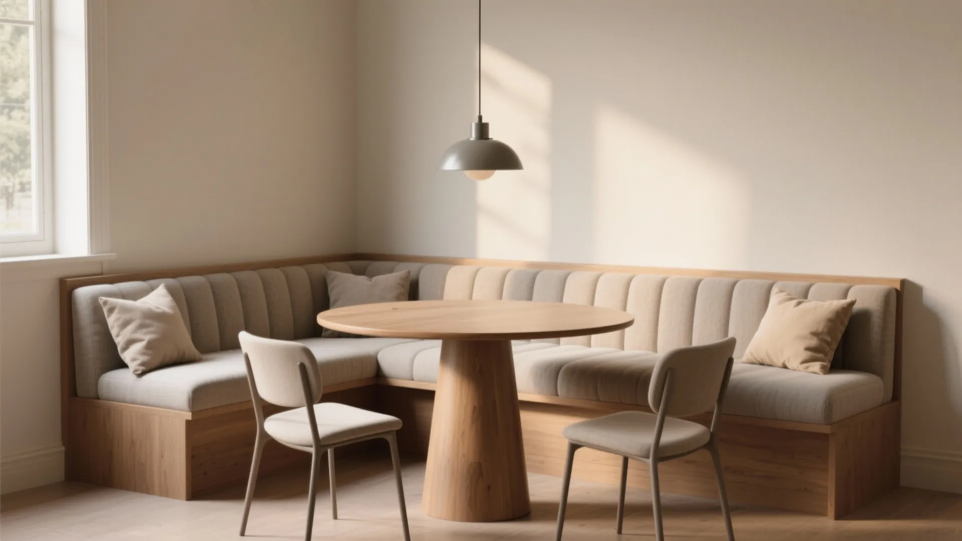 Modern dining area featuring corner bench seating round wood table two chairs and gray ceiling light