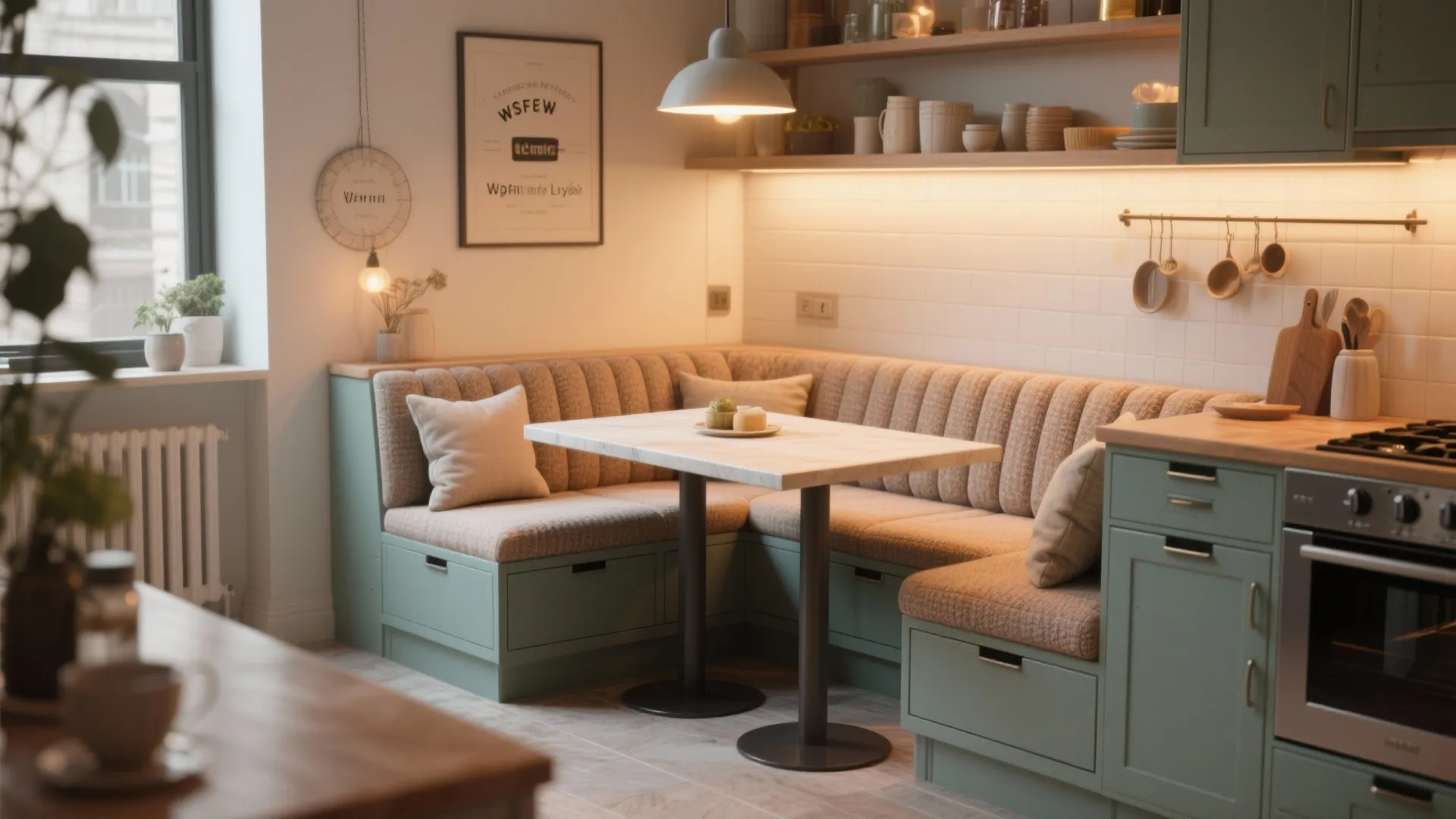 Small dining corner with green cabinets l-shaped bench seating marble table and warm ceiling light