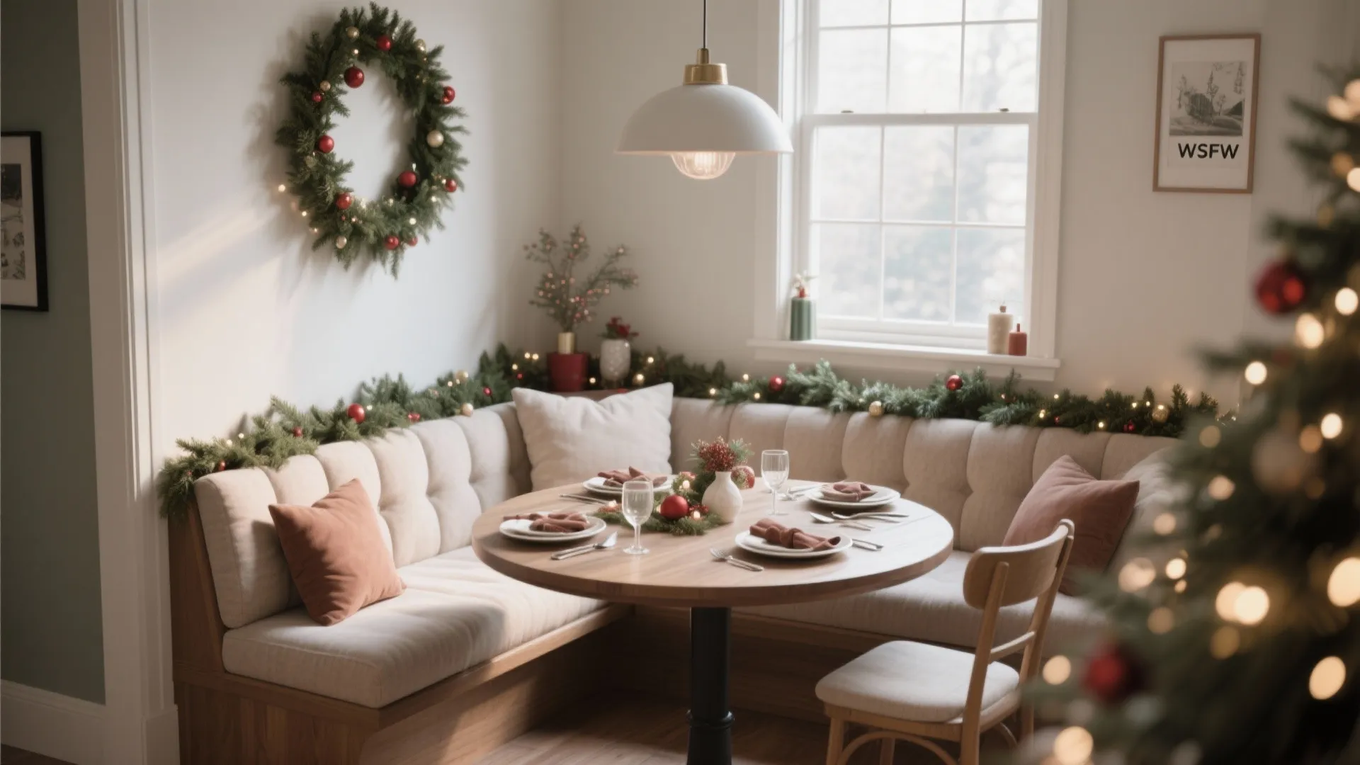 Cozy dining nook with white sofa seating, round wooden table, Christmas wreath, and ceiling light