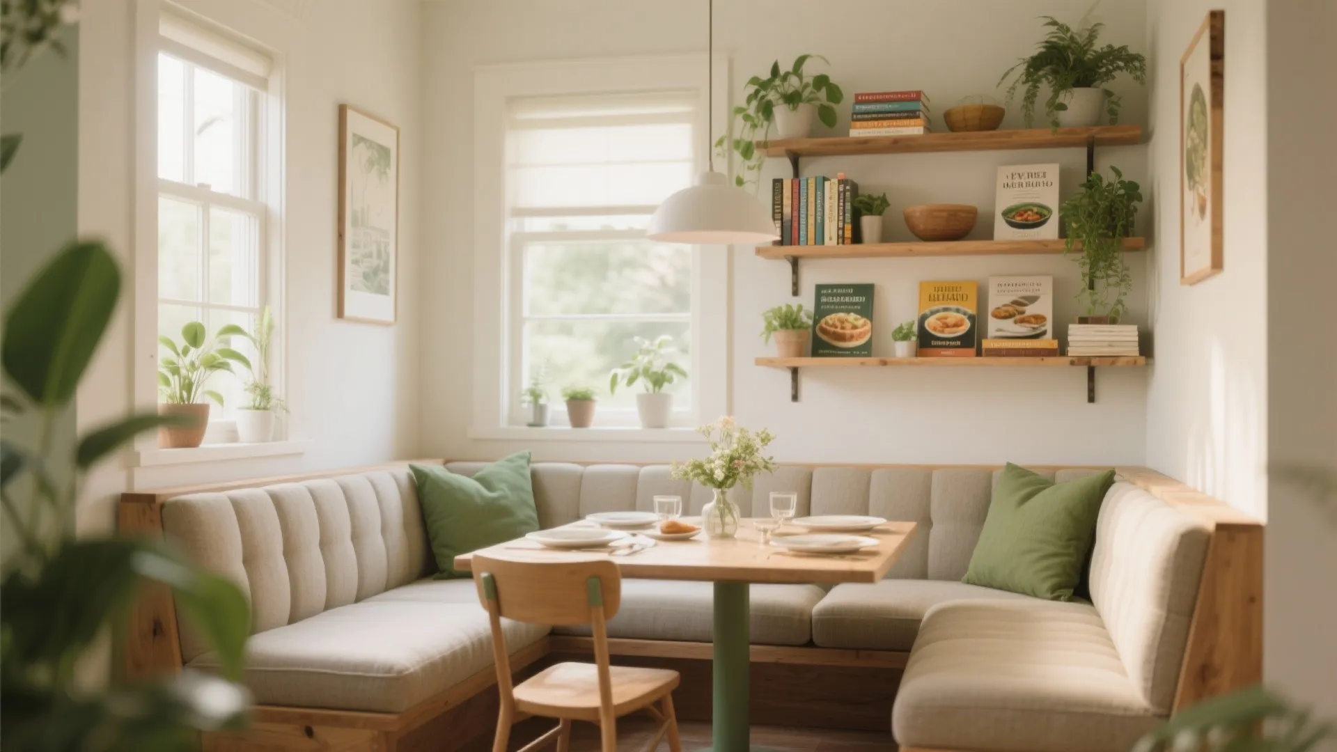6. Banquette with Open Shelving Above