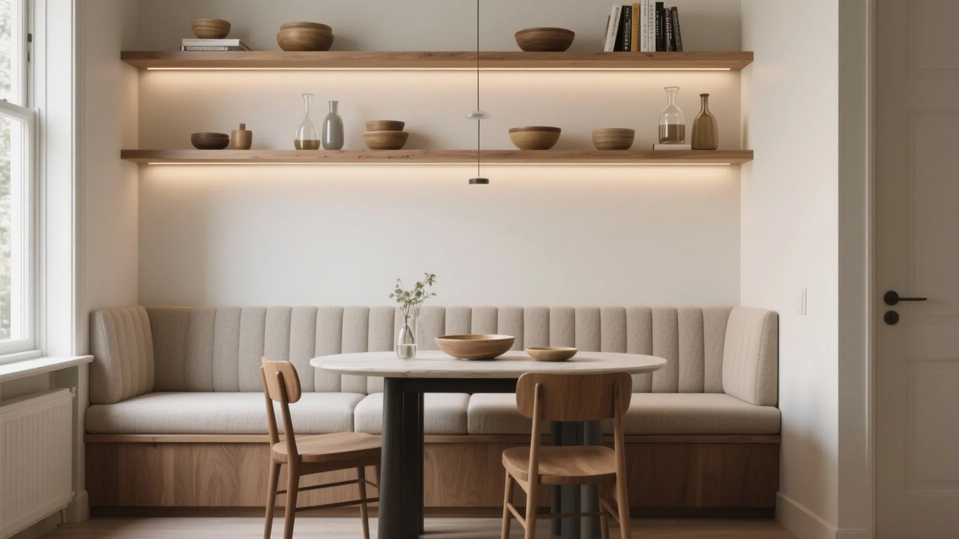 Built-In Banquette with Showcase Shelving Above