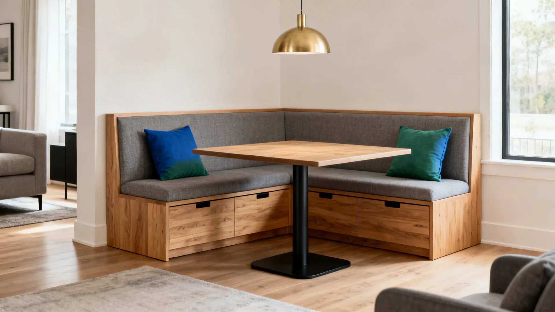Banquette dining in the short leg of an L-shaped space with storage drawers and a slim pedestal table.