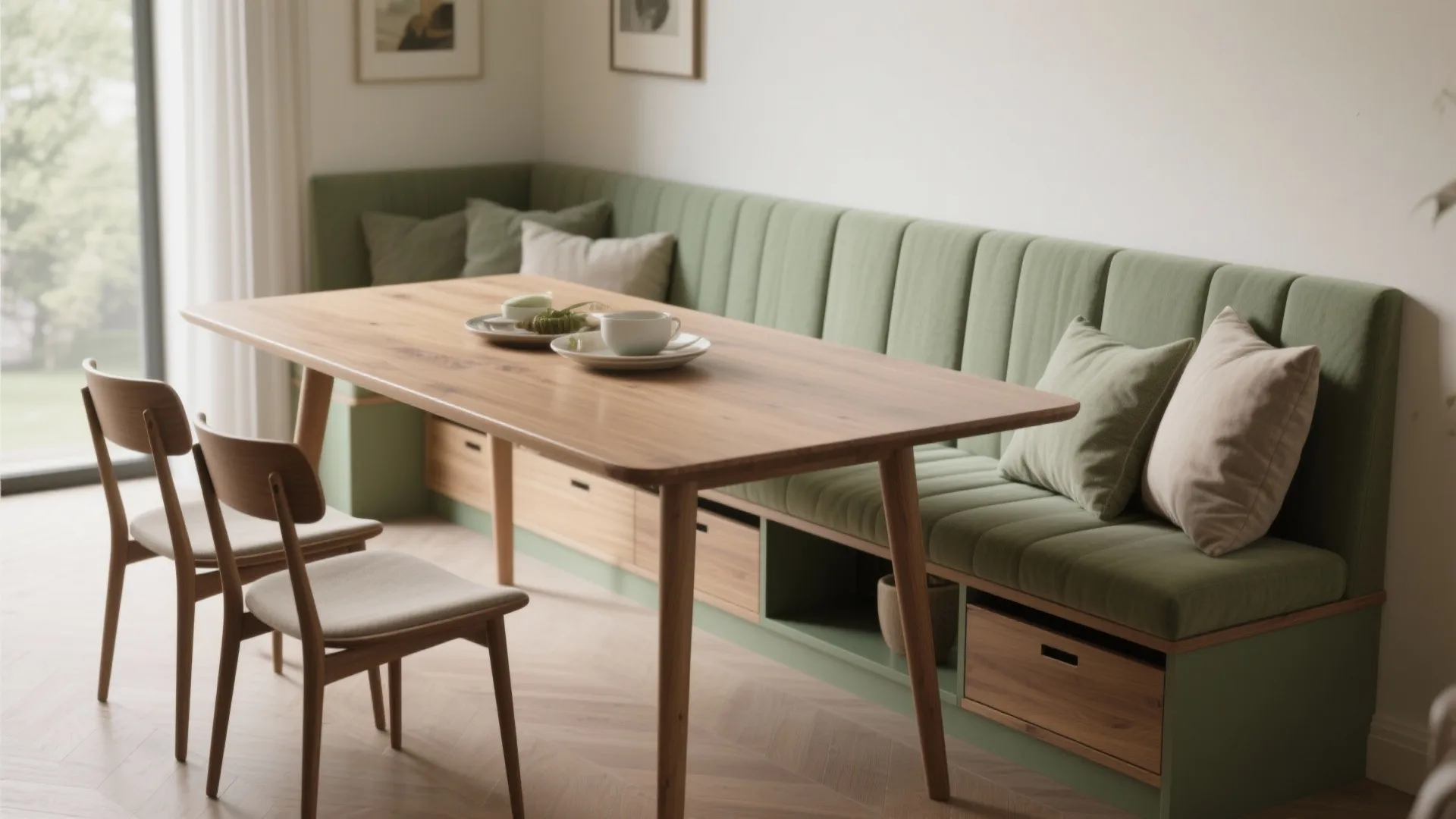 2. Banquette on one side, chairs on the other