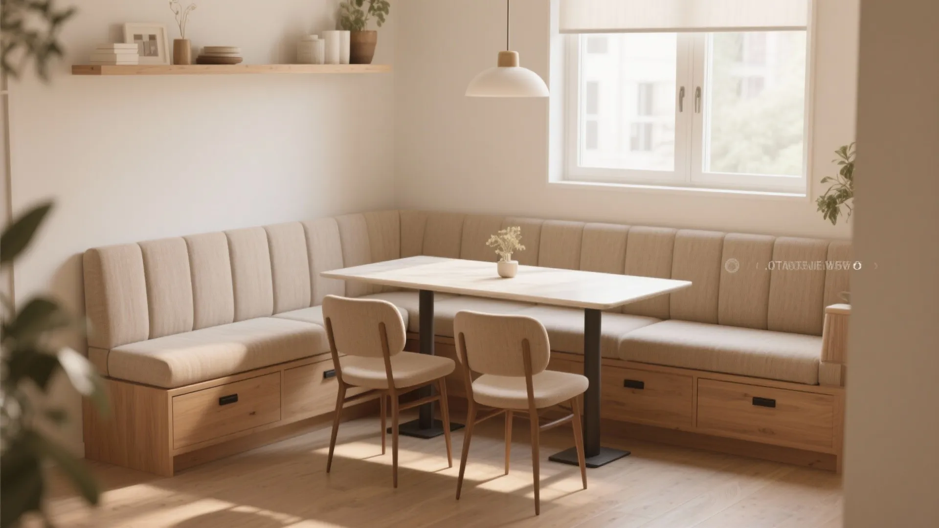 Cozy dining area with corner bench seating wooden table two chairs and white ceiling light
