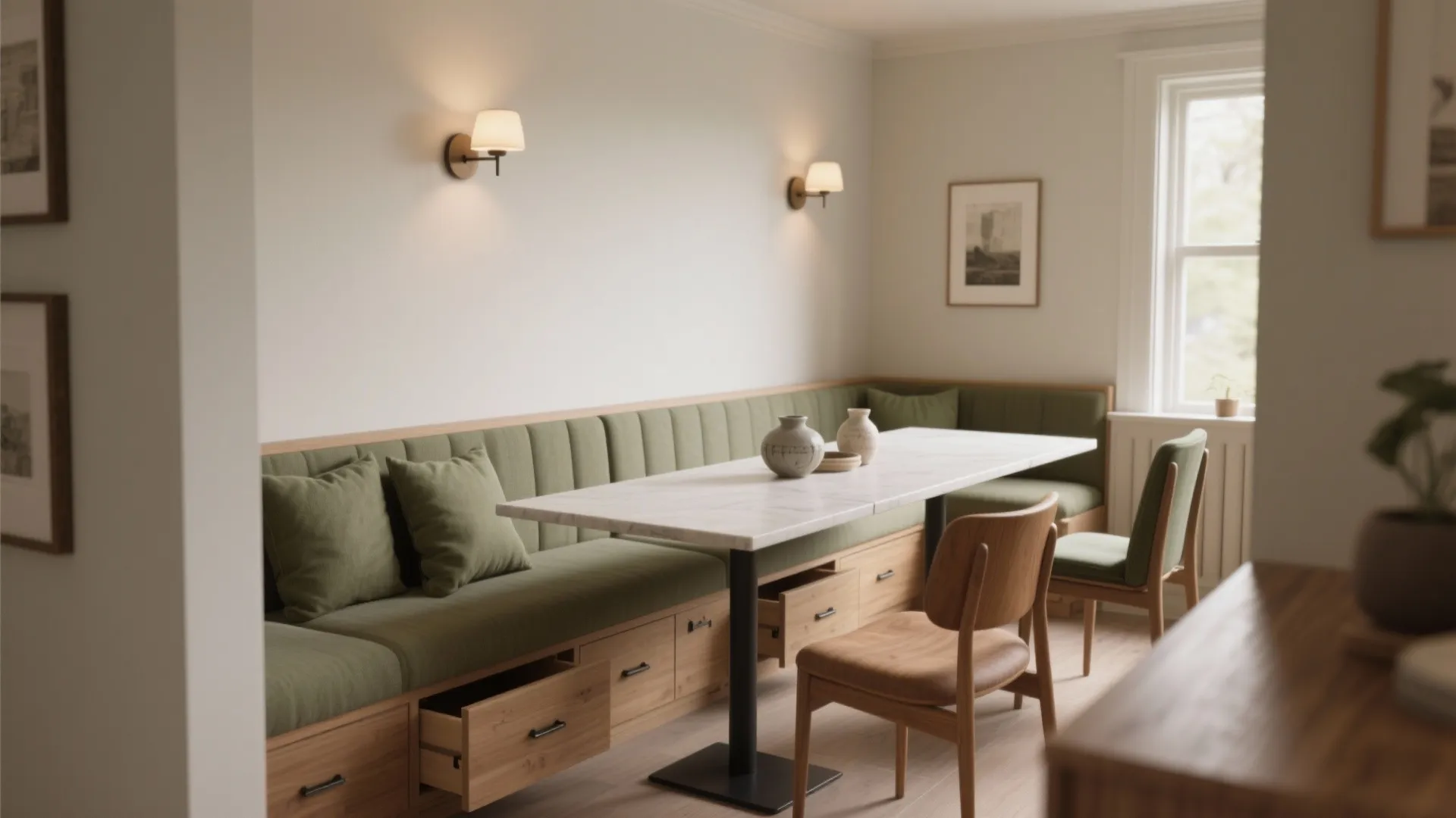 2. Flexible Banquette + Slim Table — cozy and efficient