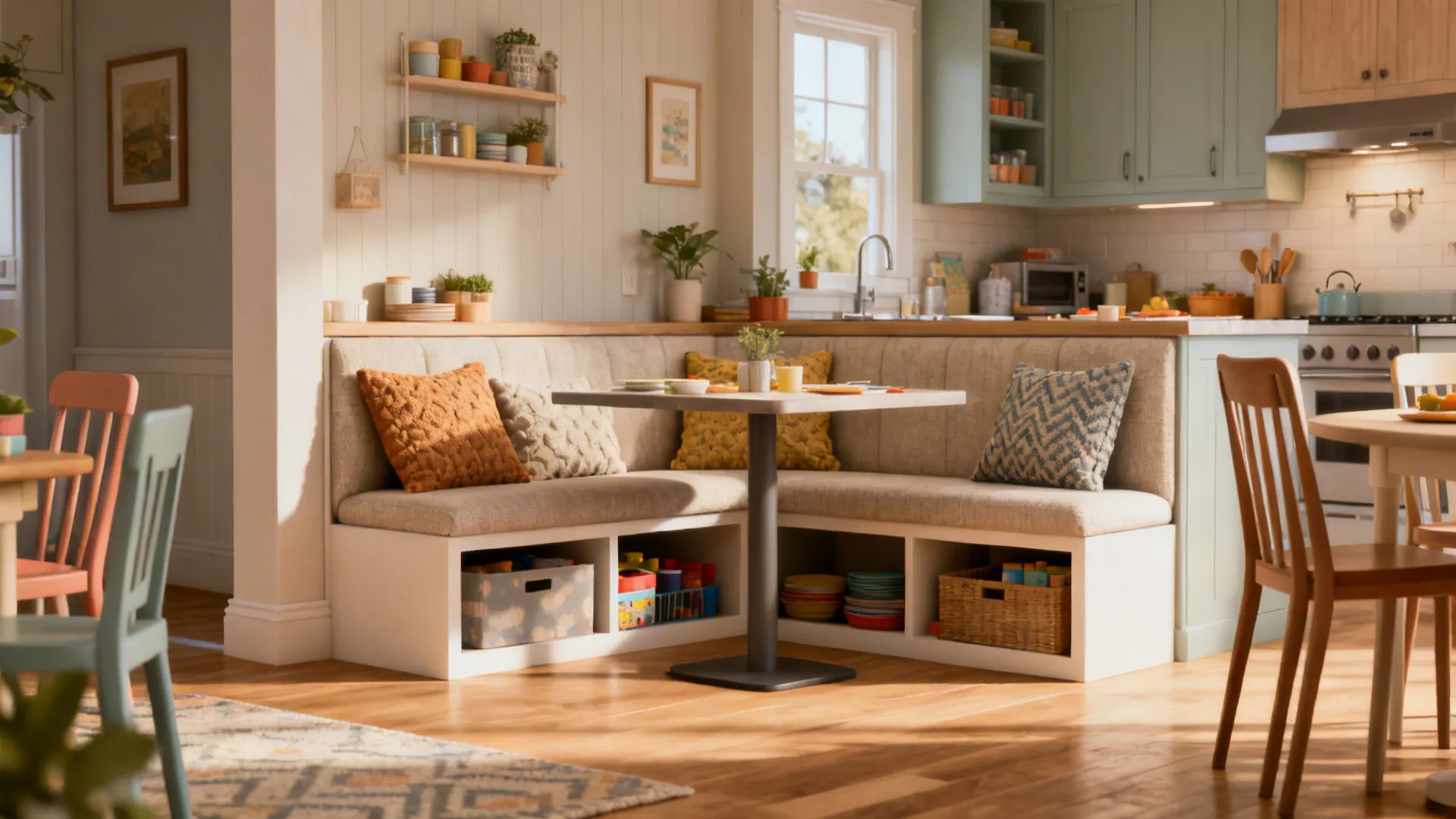 Kitchen dining area with a corner bench seat and storage baskets under the cushioned seats