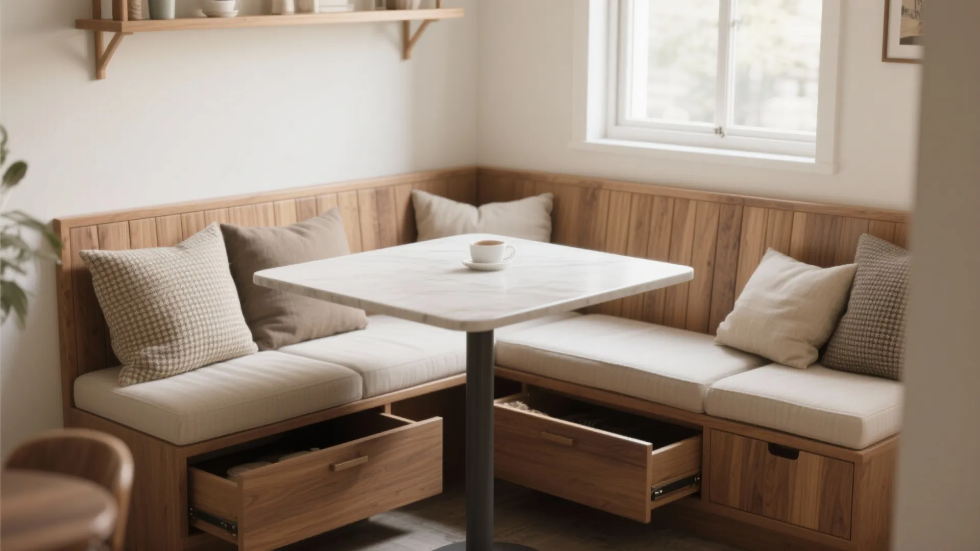 4. Built-in banquette with a slim table