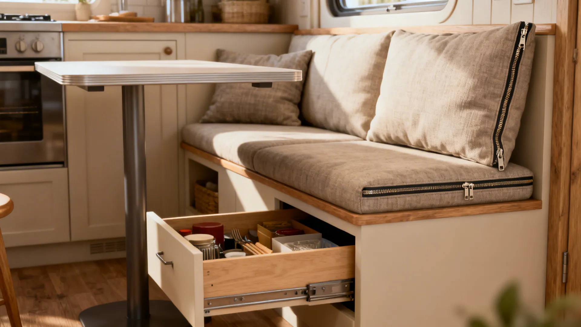 Built-in banquette with removable slim table top and storage bench in a small kitchen.