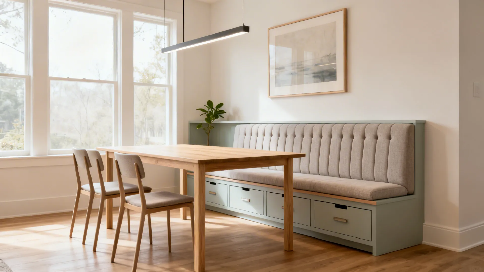 Modern dining area featuring wooden table, built-in bench with storage, three chairs, and black ceiling light