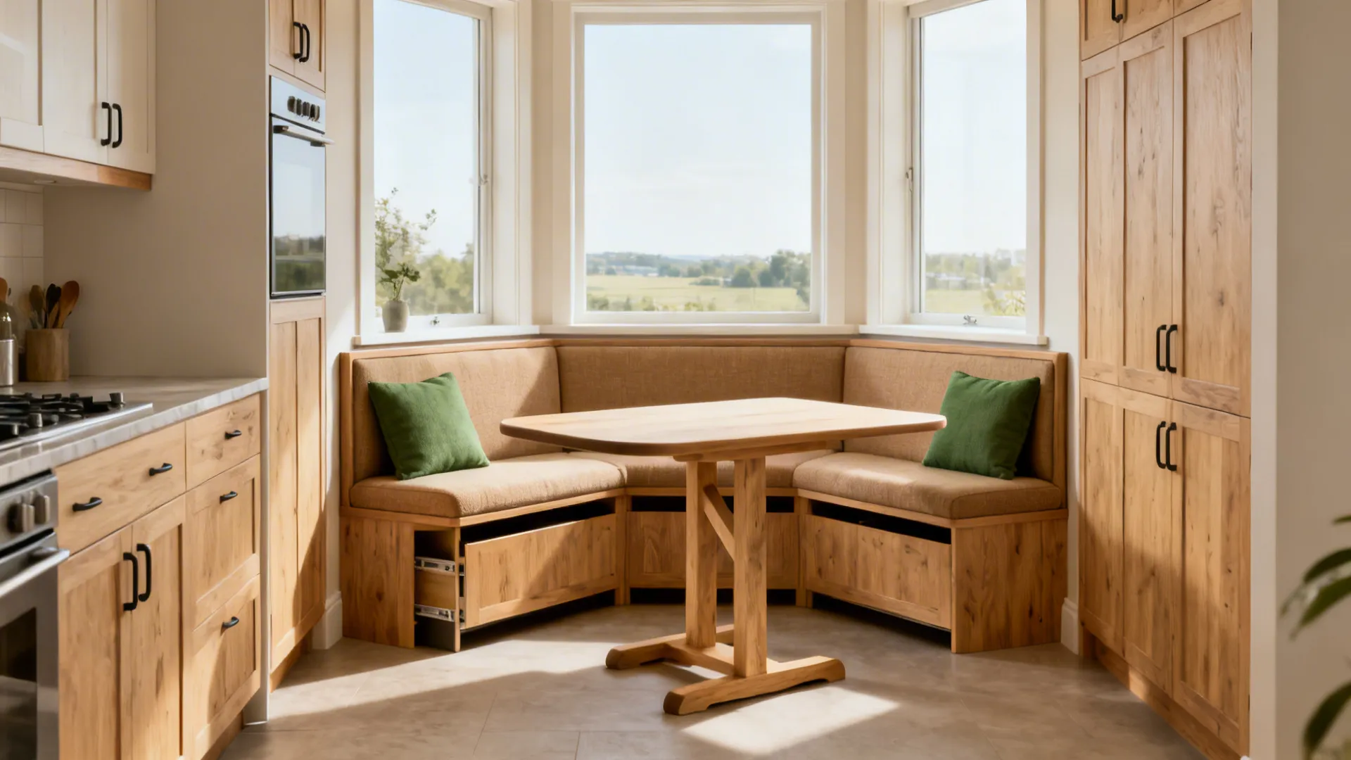Compact kitchen banquette with storage and a slim rounded-rectangle table.