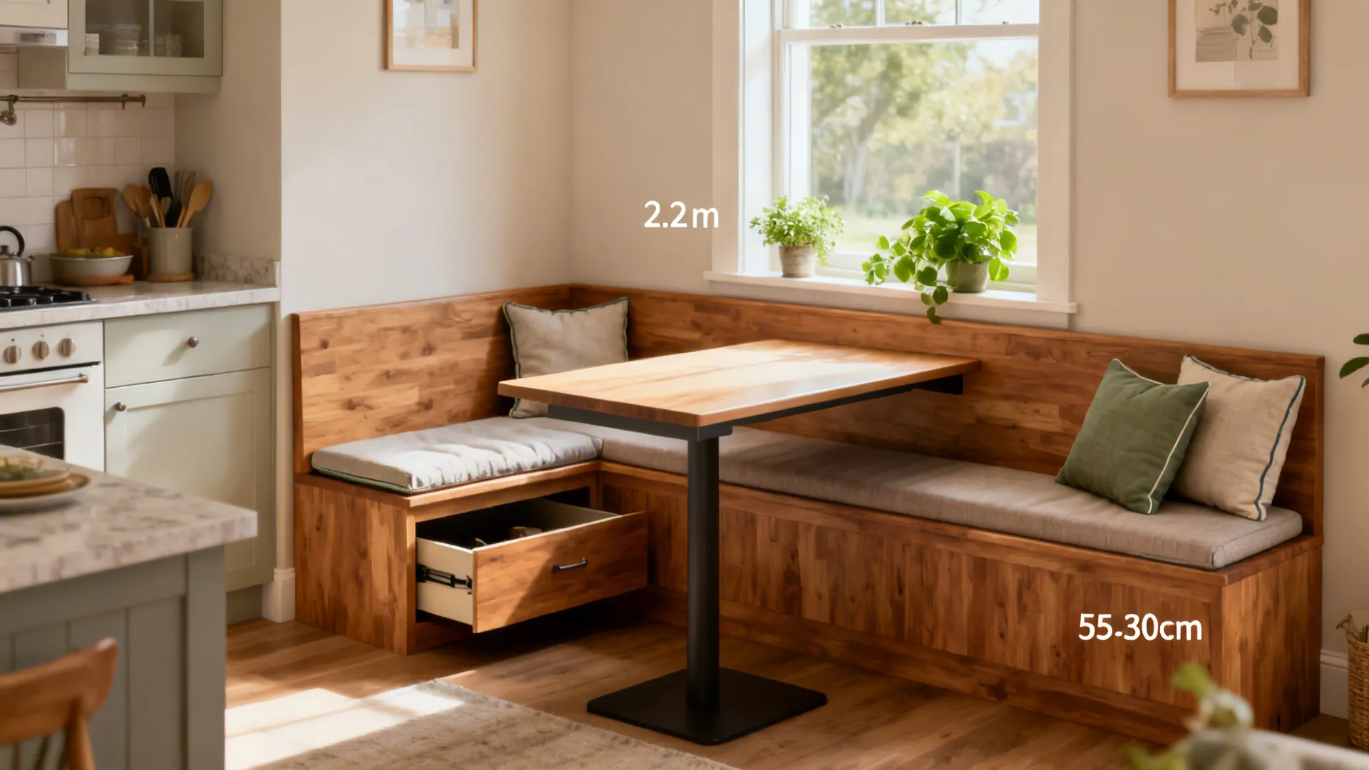 Wooden corner bench with storage drawer, small dining table, and dimensions shown in a kitchen