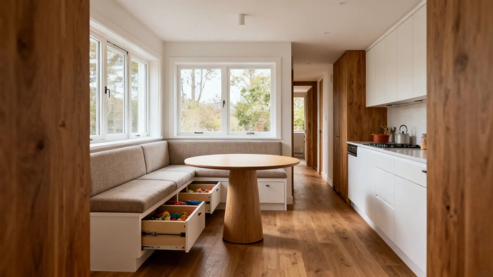 Built-in banquette with storage under a window and a rounded table in a narrow kitchen.
