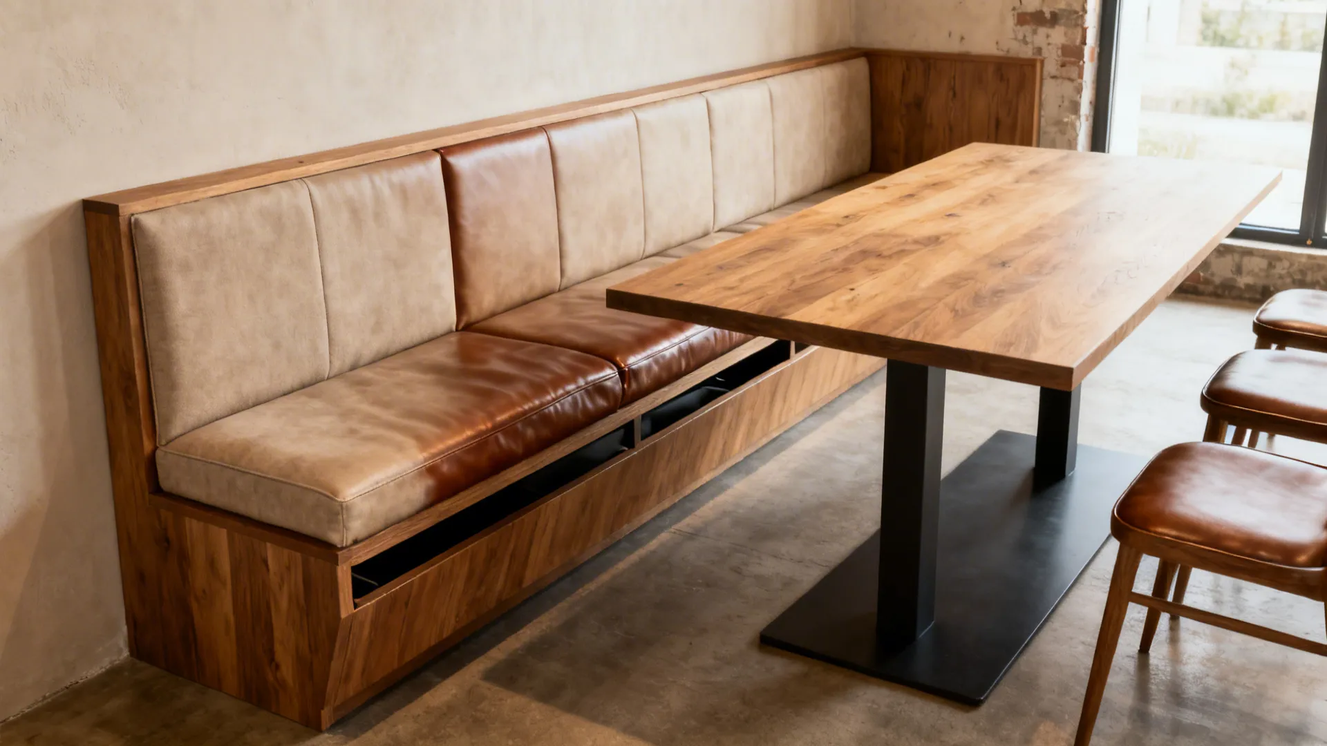 Wooden bench with leather cushions next to a wood table and small brown leather stools