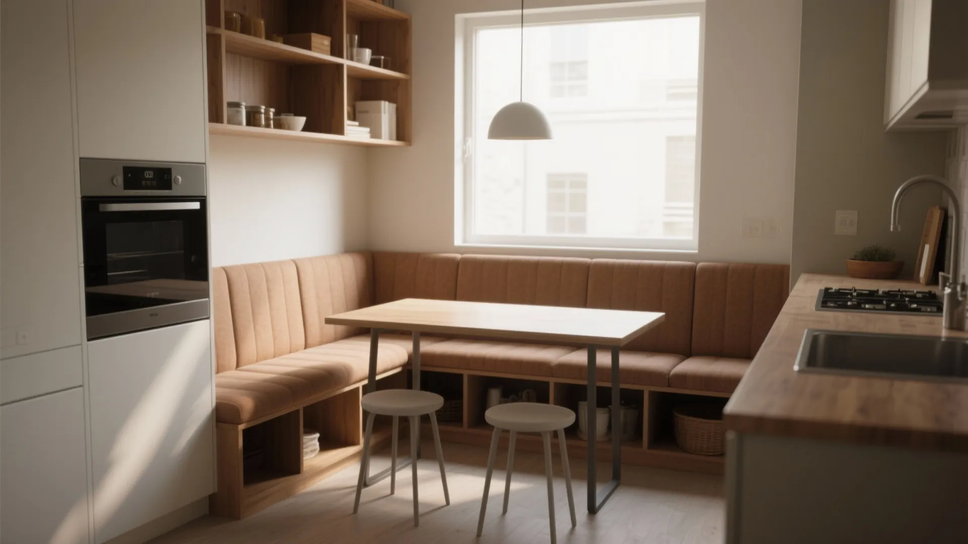 Built-in banquette with shallow depth and tucked stools in a small kitchen, showing storage and circulation space.