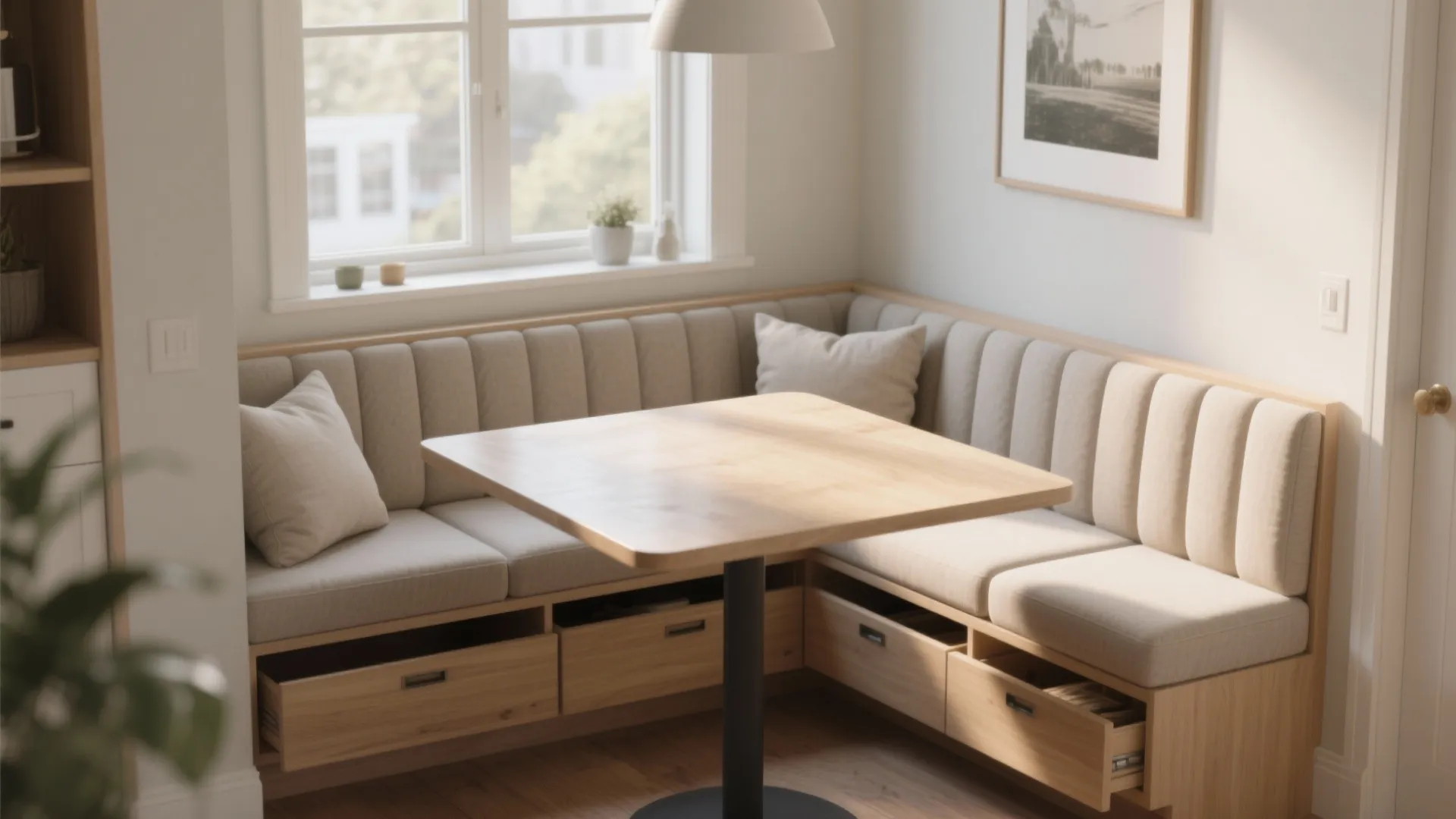 Built in corner seating with wooden table wall panel detail storage drawers and bright window view