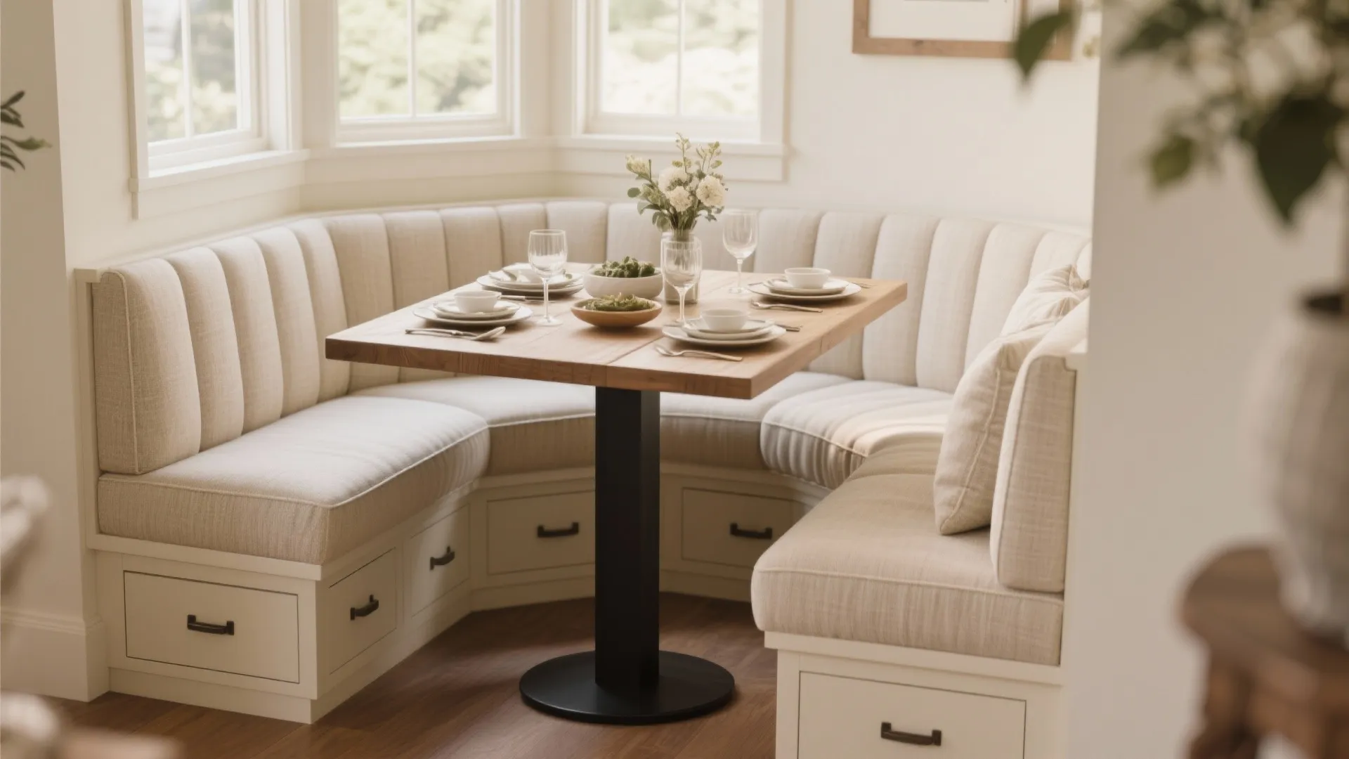 Dining banquette with hidden storage under seating