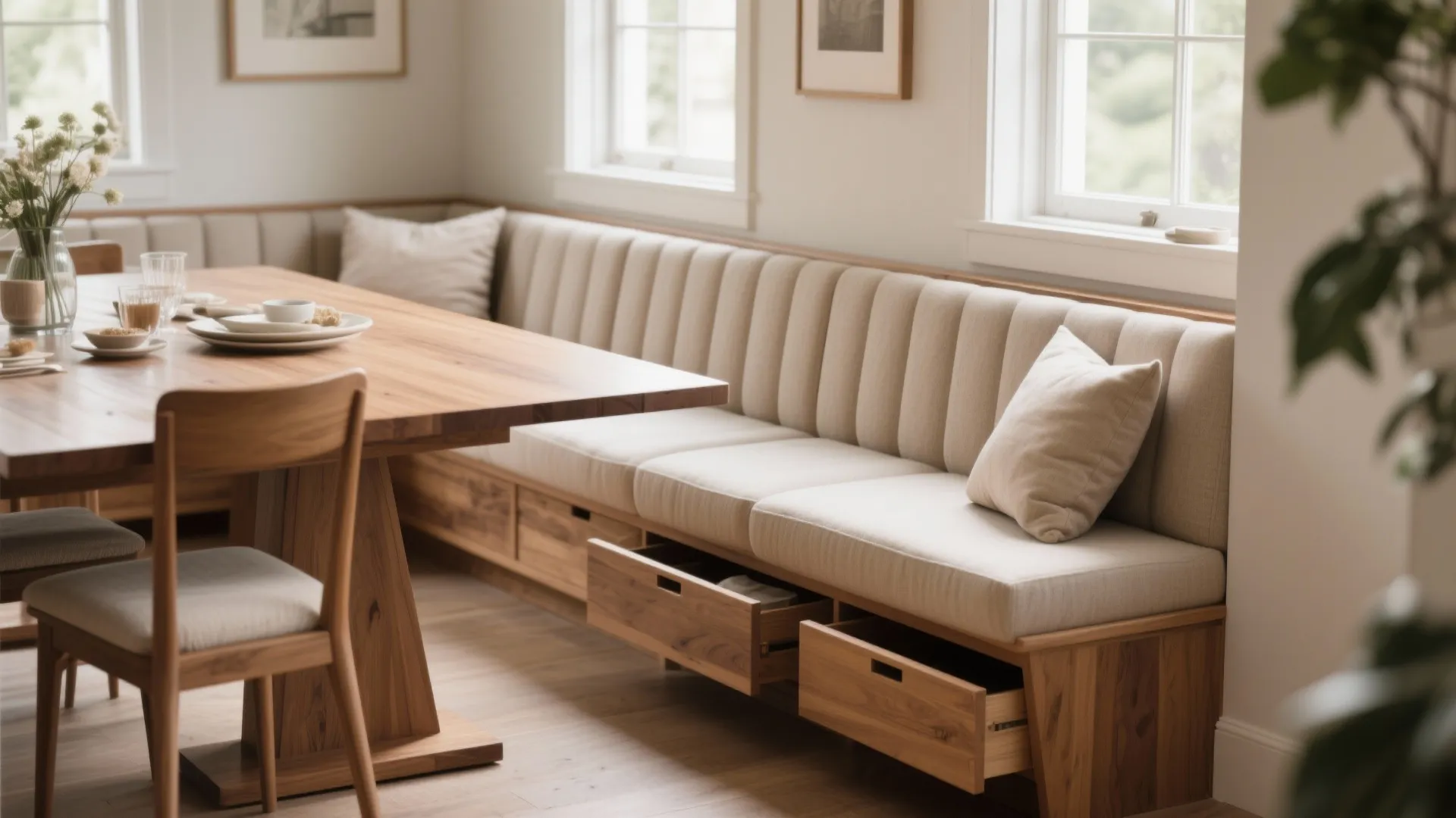 Built-in banquette seating with underneath storage drawers in a dining room.