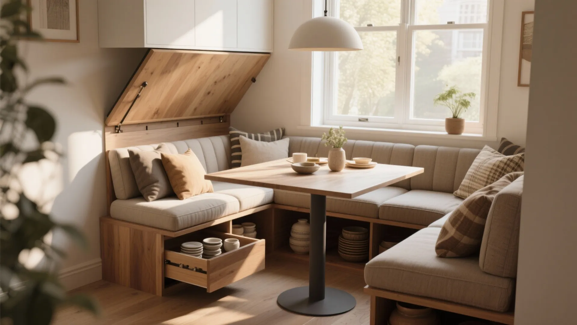 Built-in corner bench seating with storage drawers wooden table white ceiling light and large window