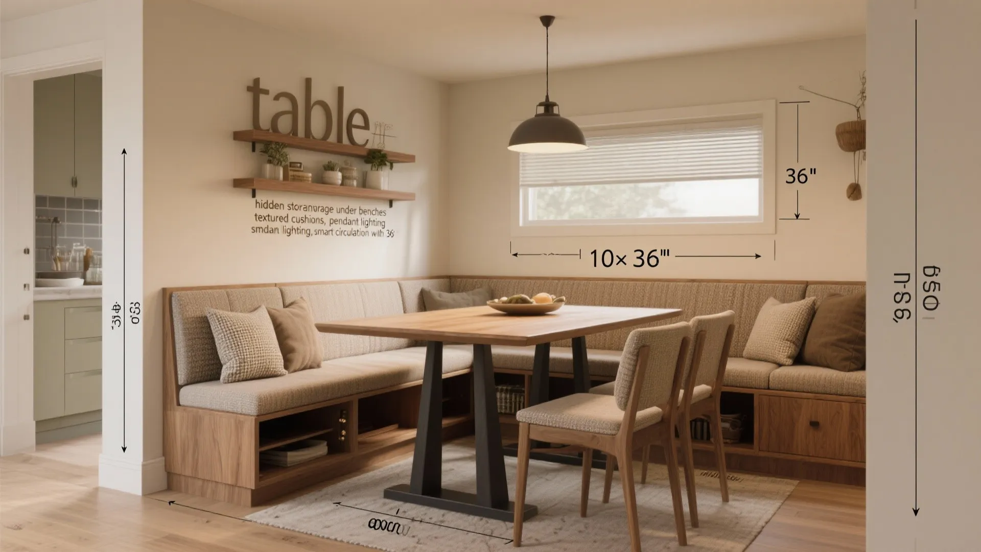 Wooden dining table with bench seating featuring storage cabinets and a black ceiling light above