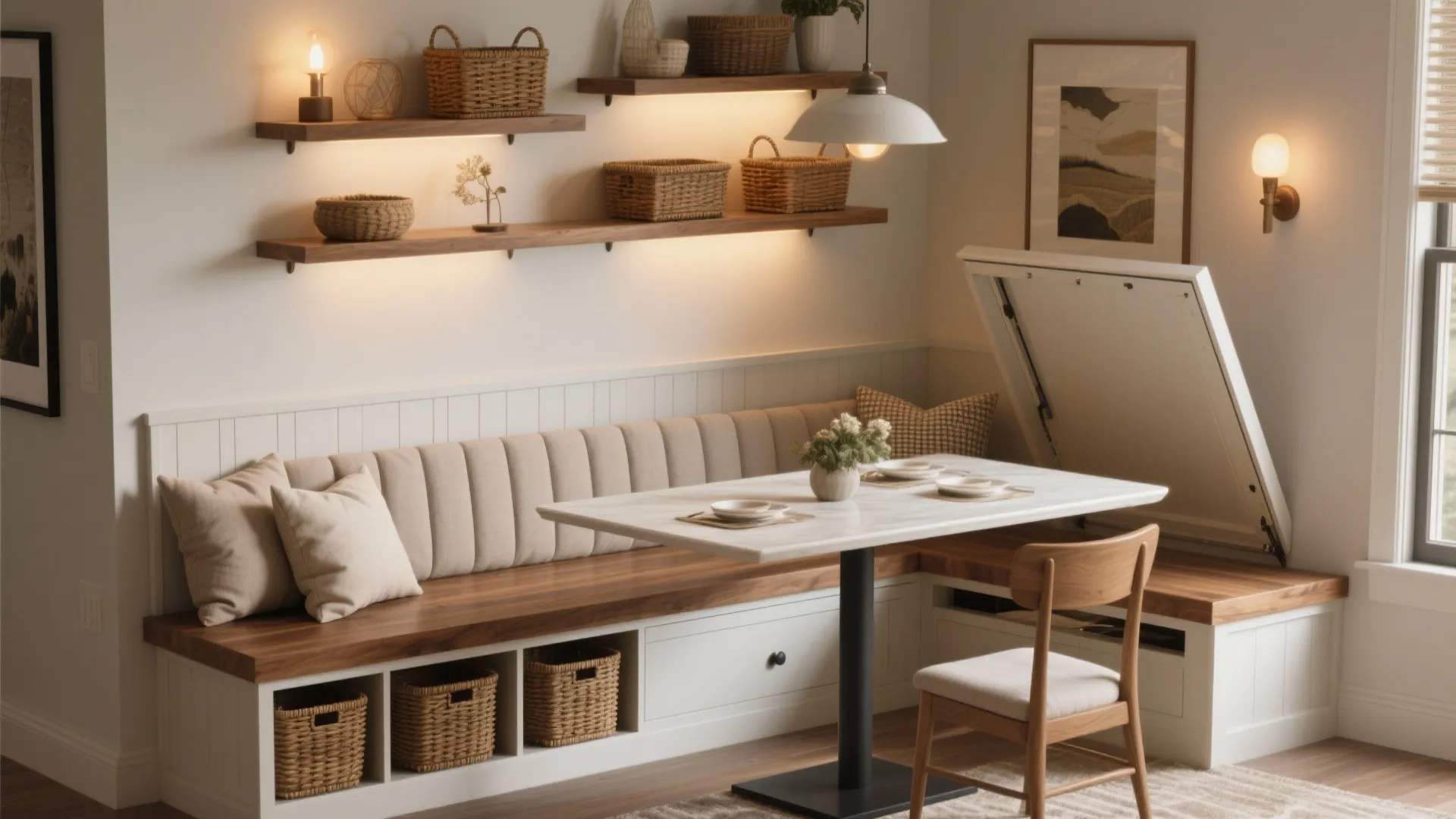 Dining area with corner bench seating featuring built-in storage drawers and shelves under a table