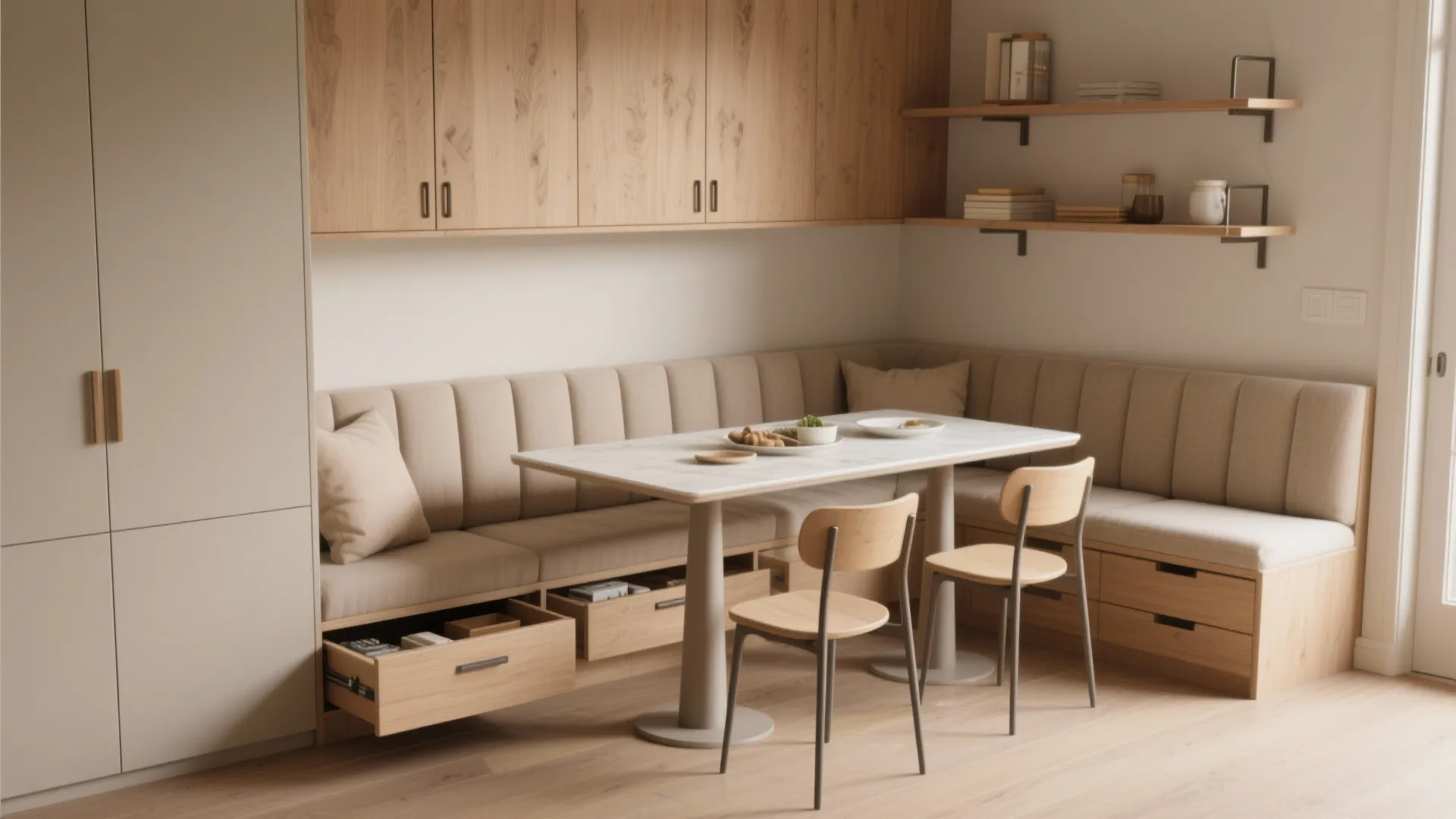 Corner bench with storage drawers below seat wood cabinets white dining table and two chairs