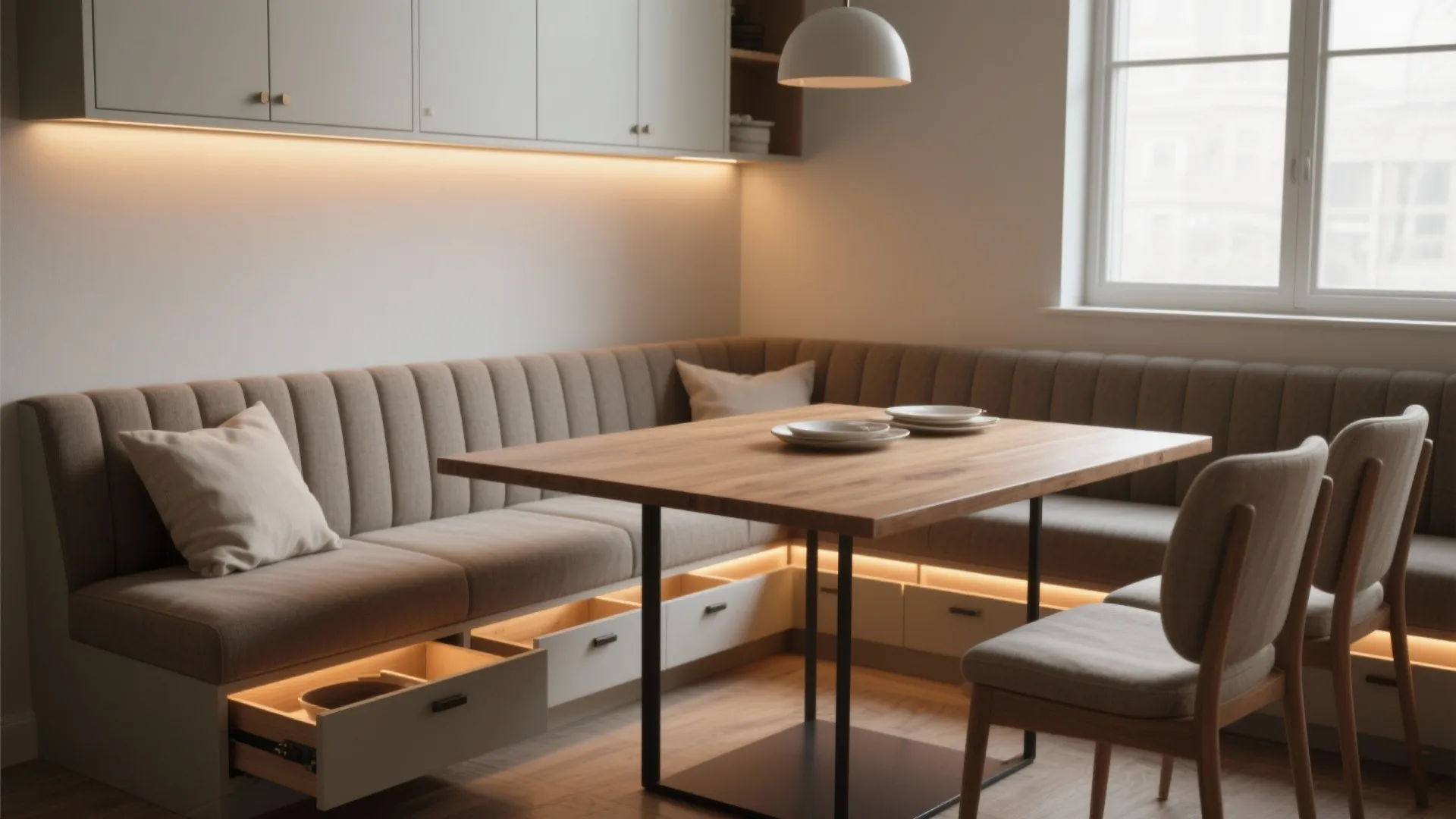 4. Slim storage + integrated lighting under a banquette