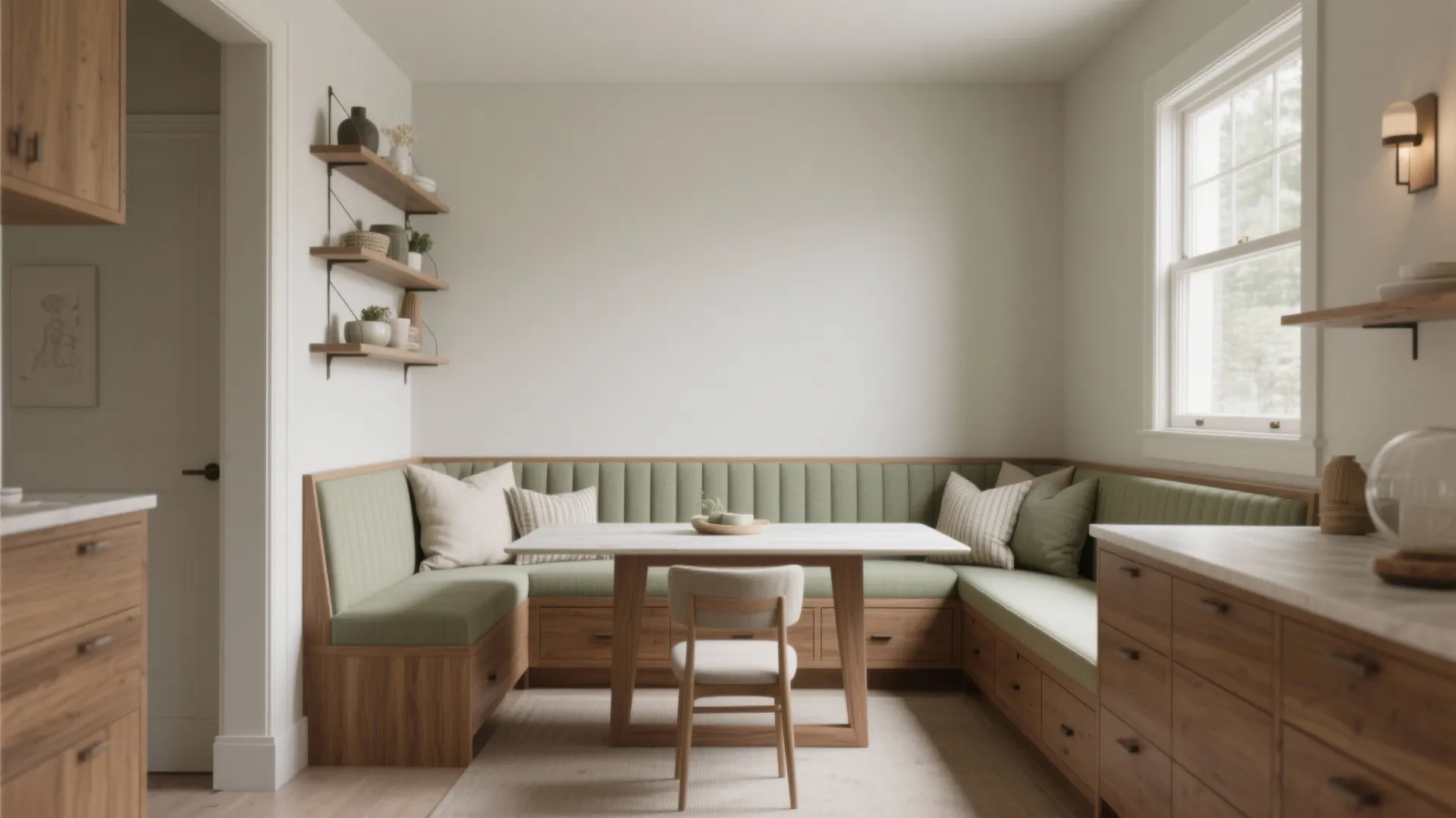 Built-in dining bench with green cushions and wooden storage drawers under a white marble table
