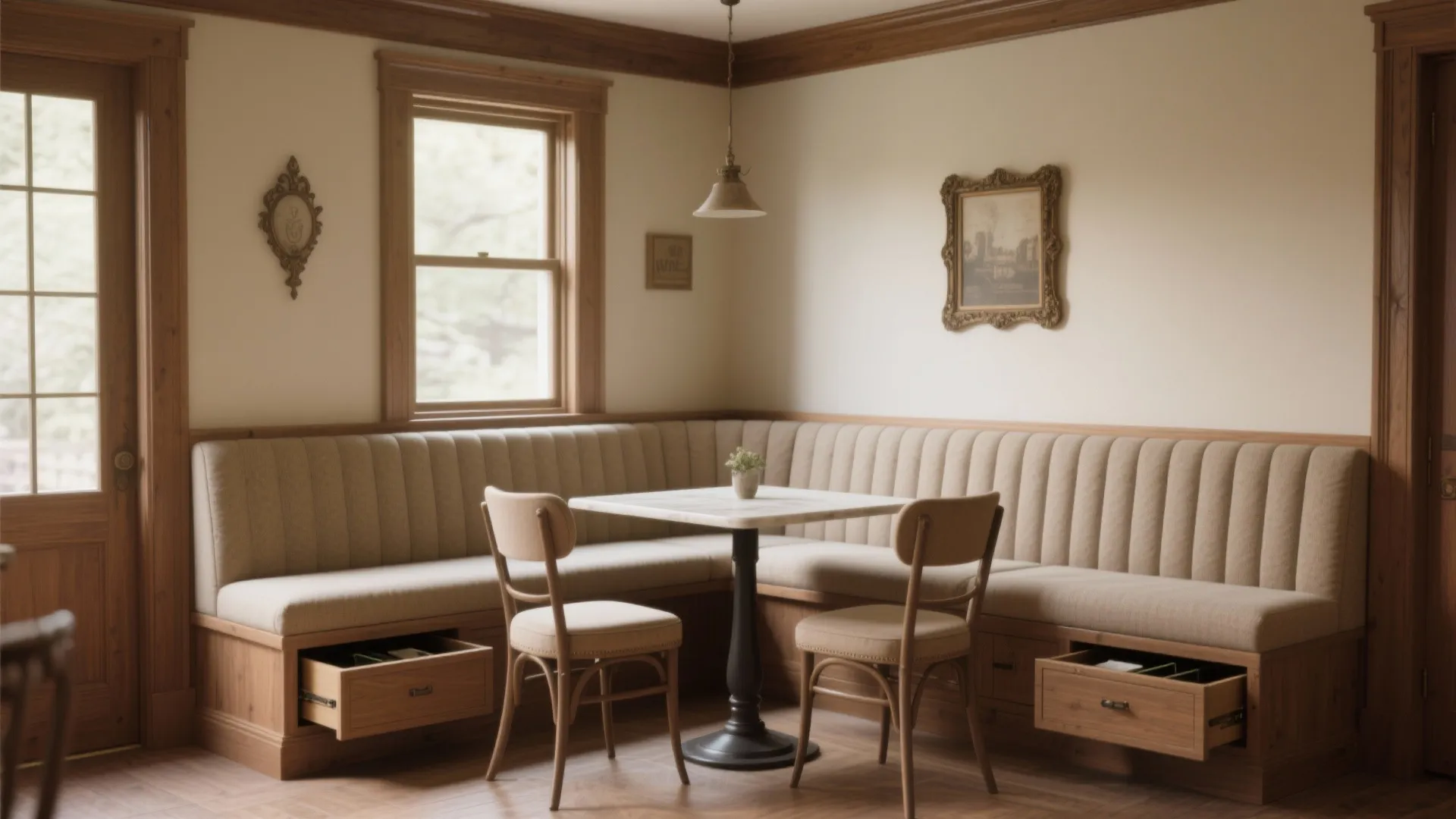 Built-in upholstered banquette with under-seat drawers beside a small dining table, showing open storage in a compact space.