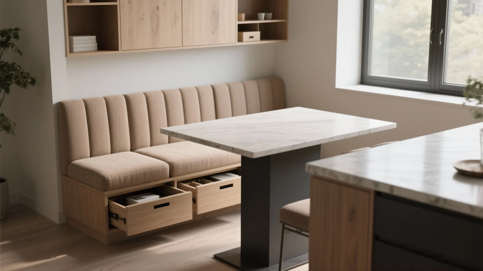 Dining area with tan wall bench marble table open wooden storage drawers and large bright window