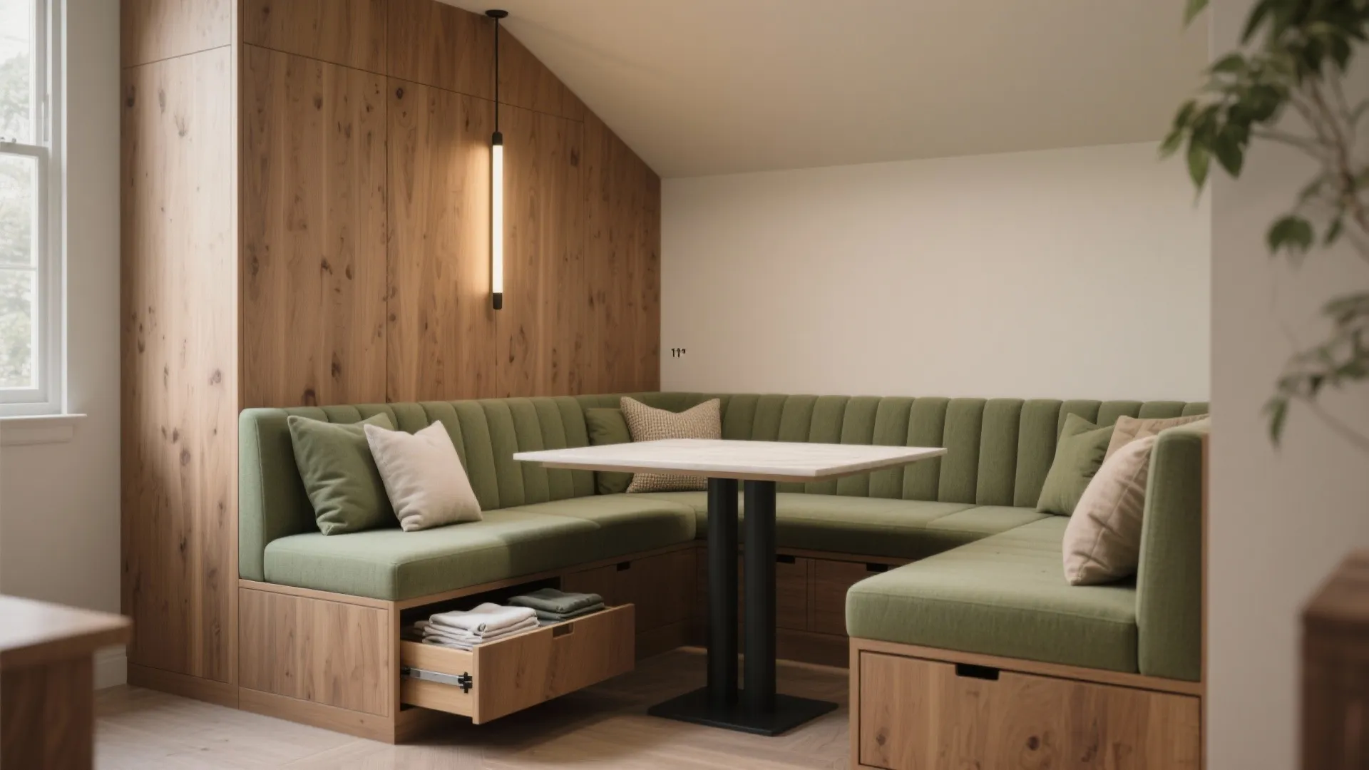 Green corner sofa with wood storage base around a white table in a dining area