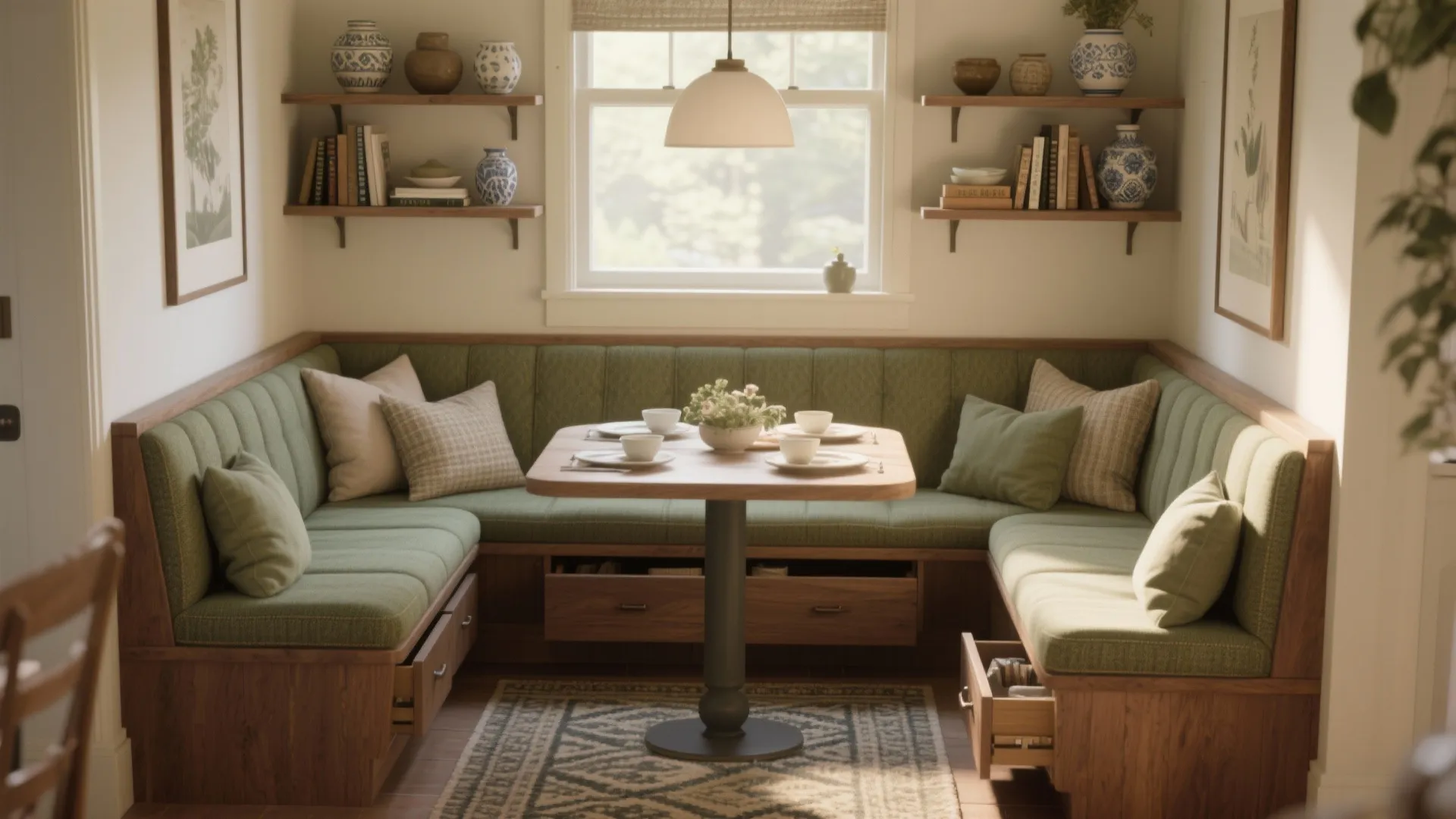 Green bench seating with storage drawers around a wooden table in a cozy dining nook