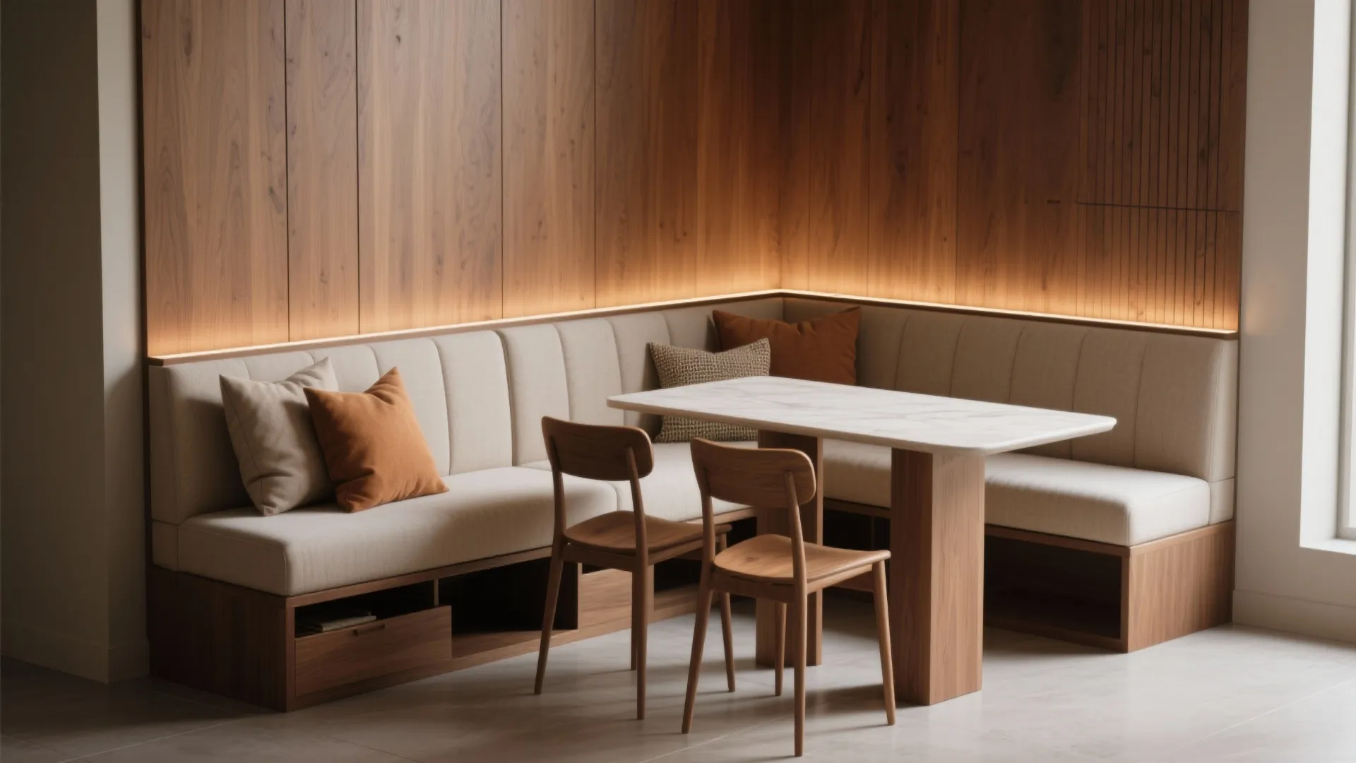 Built-in banquette with under-seat storage and slim chairs creating a cozy dining corner.