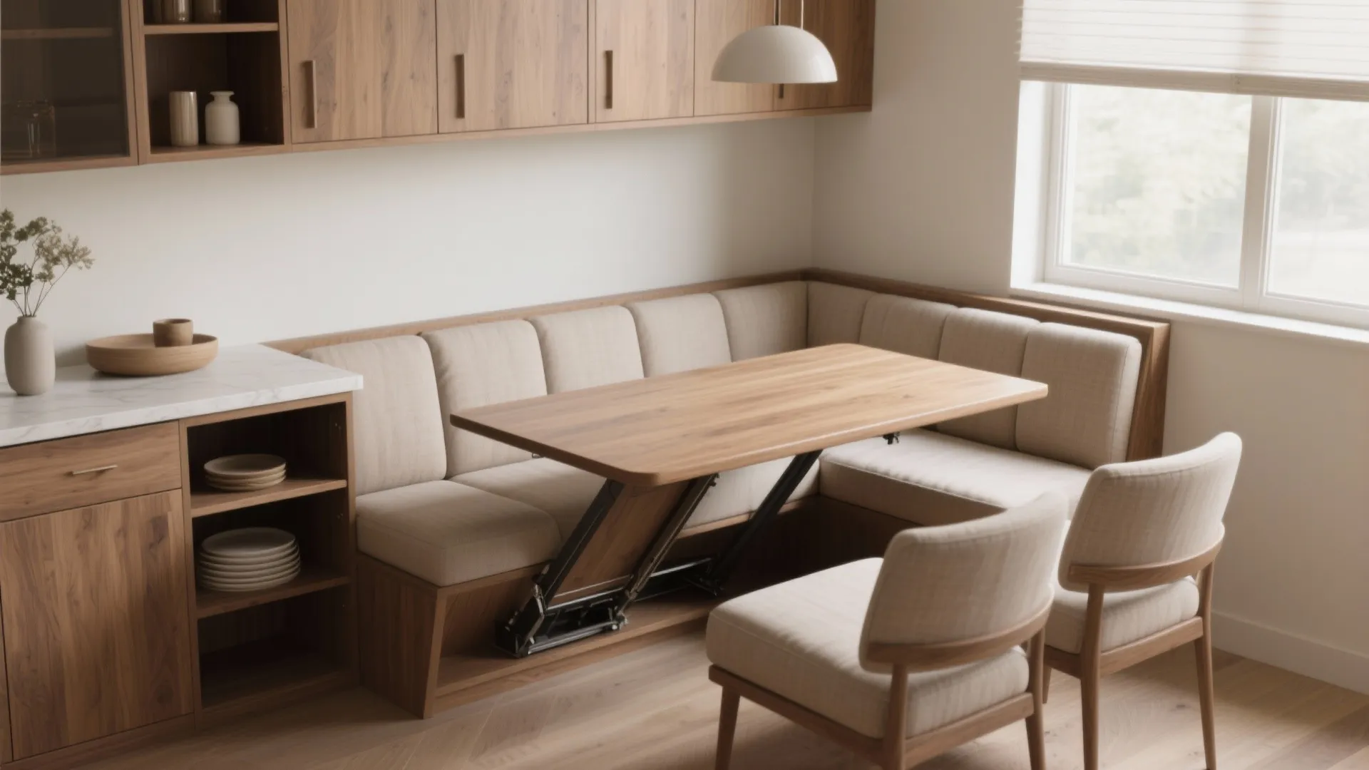 Built-in banquette with lift-up seat revealing hidden buffet storage in a small dining alcove.