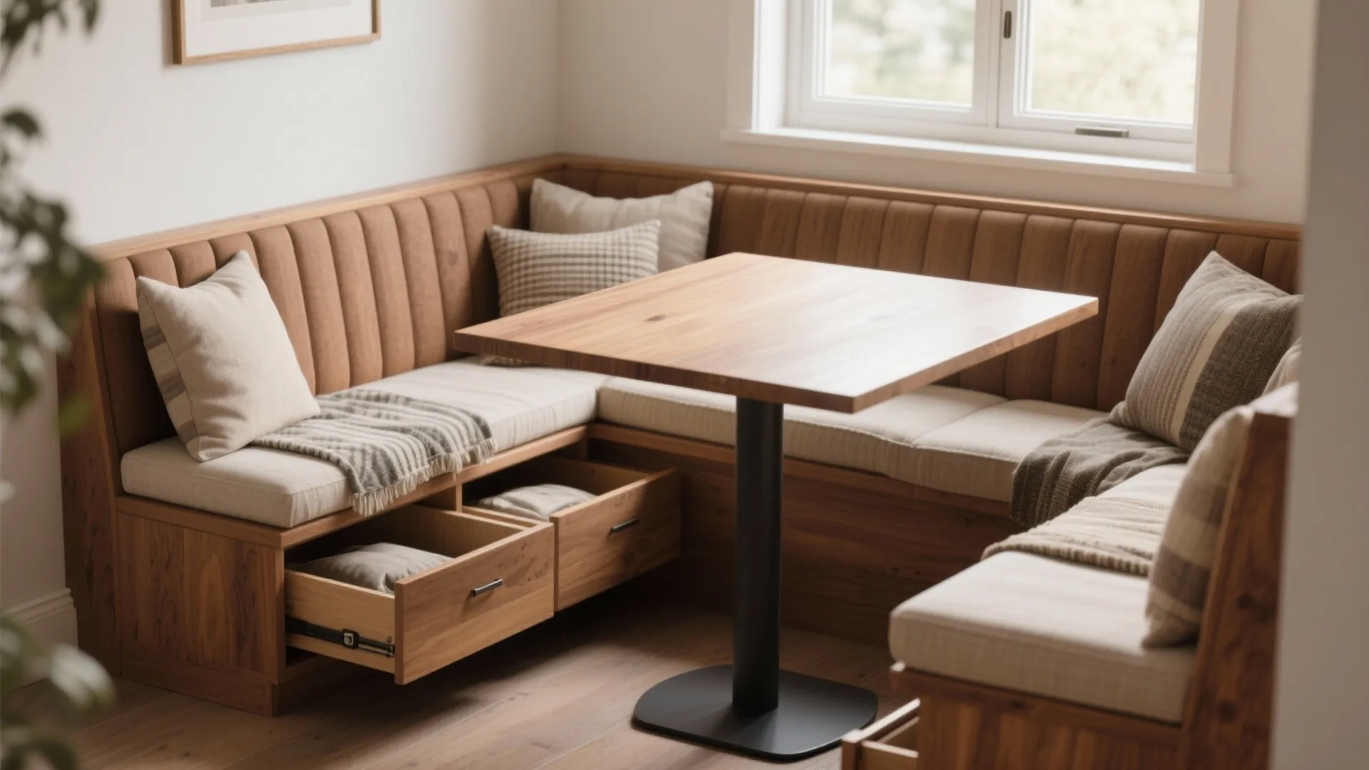 Corner wooden seating area with white cushions and built in drawers for extra home storage space