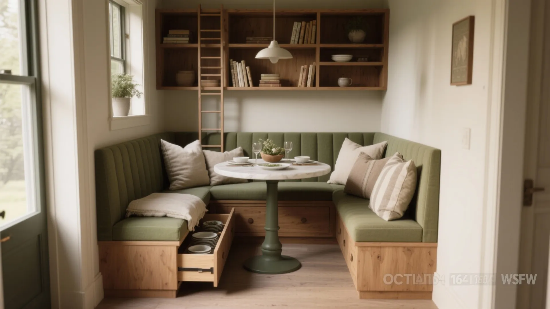 Built-in banquette with open under-seat storage in a narrow space, showing cozy cushions and built-in shelving.