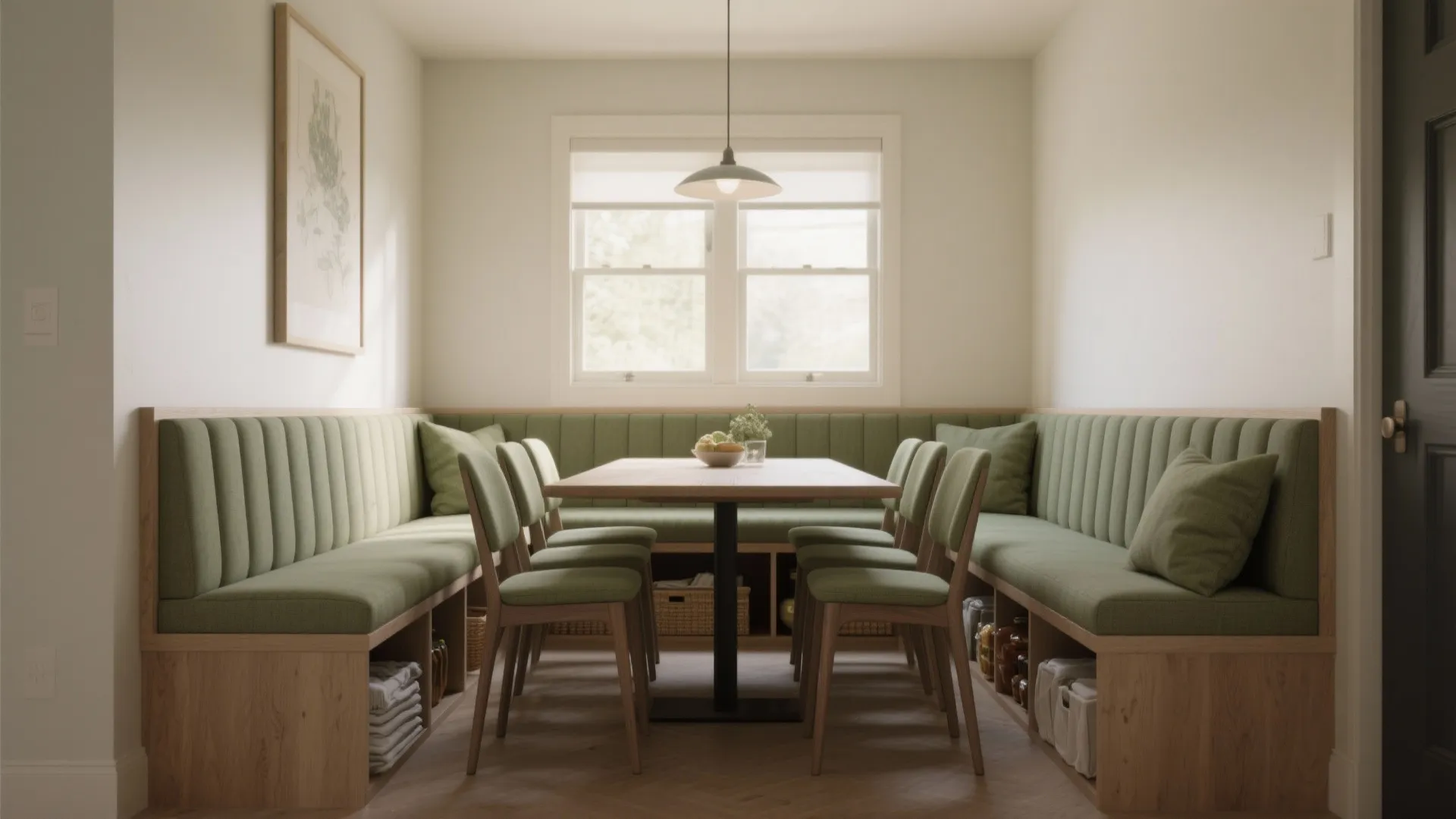 Green built in bench seating around wooden dining table with storage compartments underneath in room