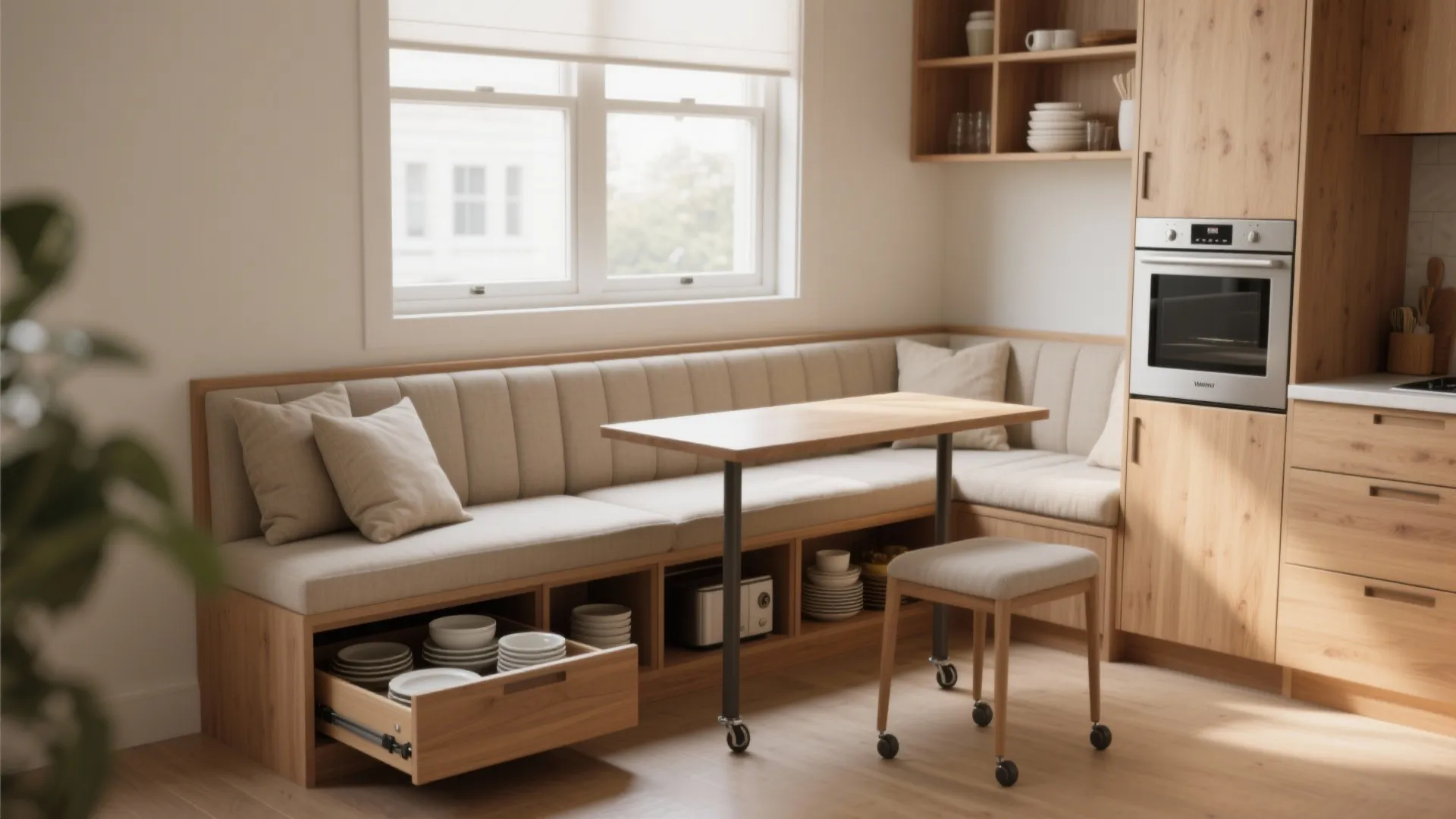 Built in bench seating with storage drawers underneath plus a wooden table and kitchen oven