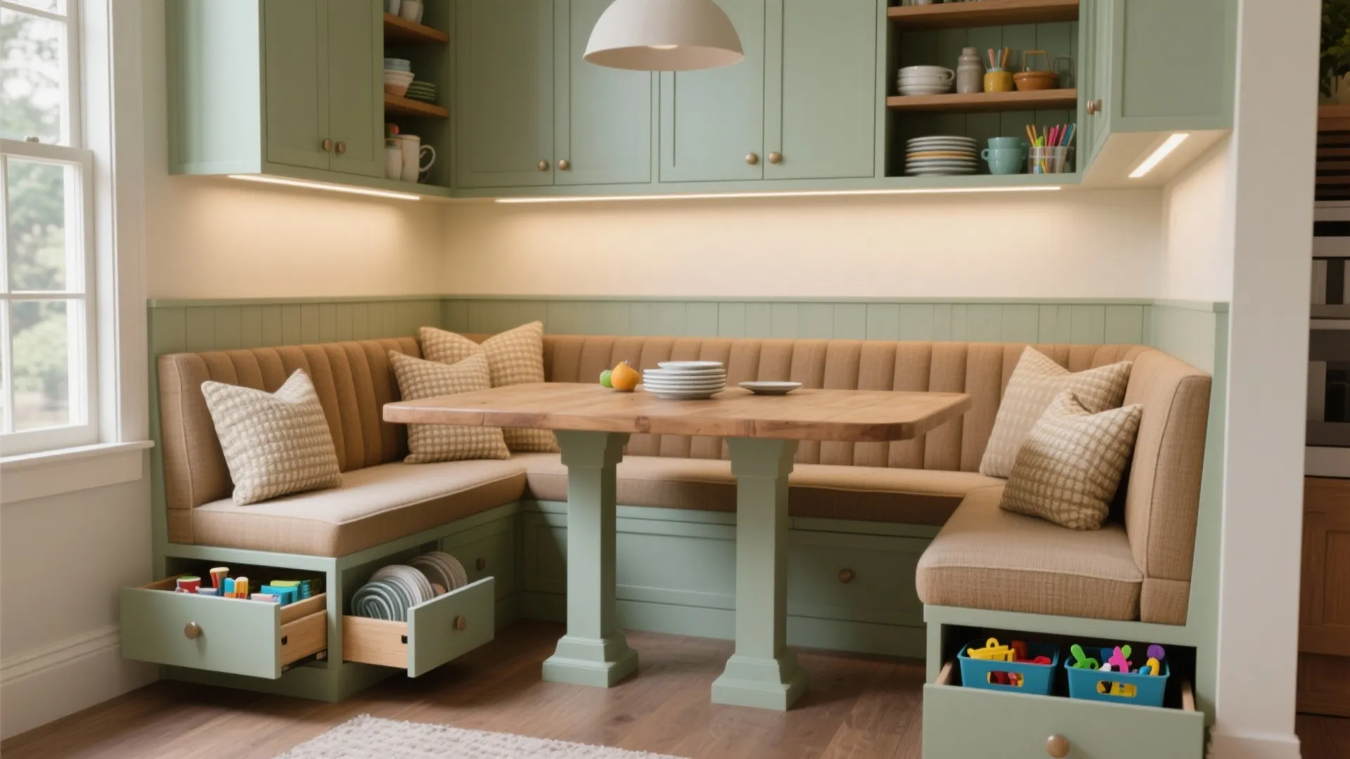Green dining booth with wooden table and built-in storage drawers holding plates and colorful toys