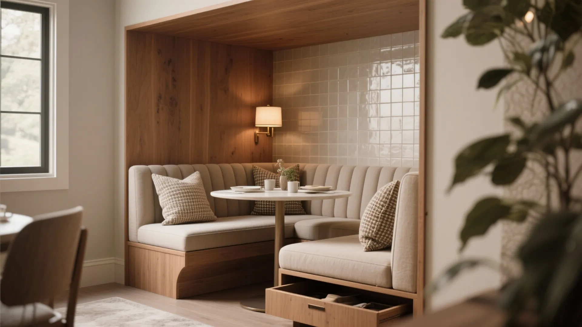 Cozy built-in banquette for two with cushioned bench and hidden under-seat storage.