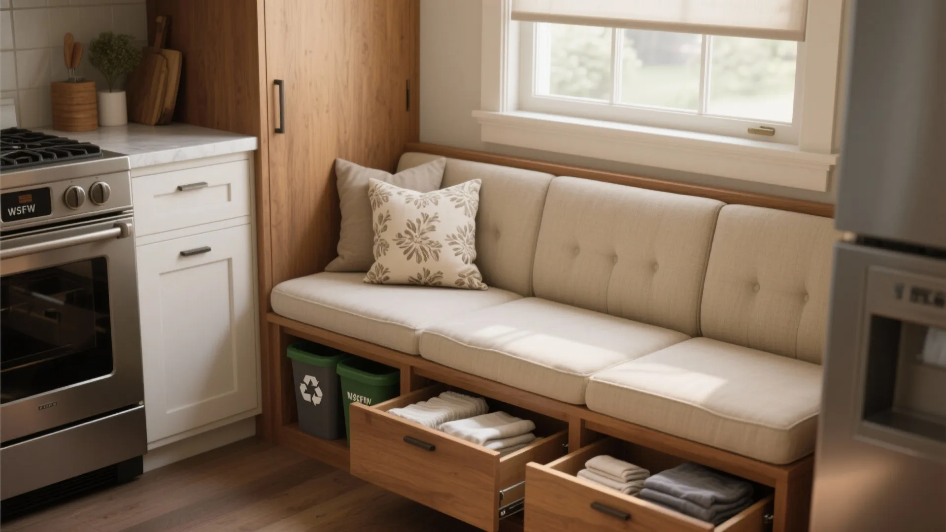 Wooden kitchen bench with beige cushions and storage drawers plus recycle bins under a window